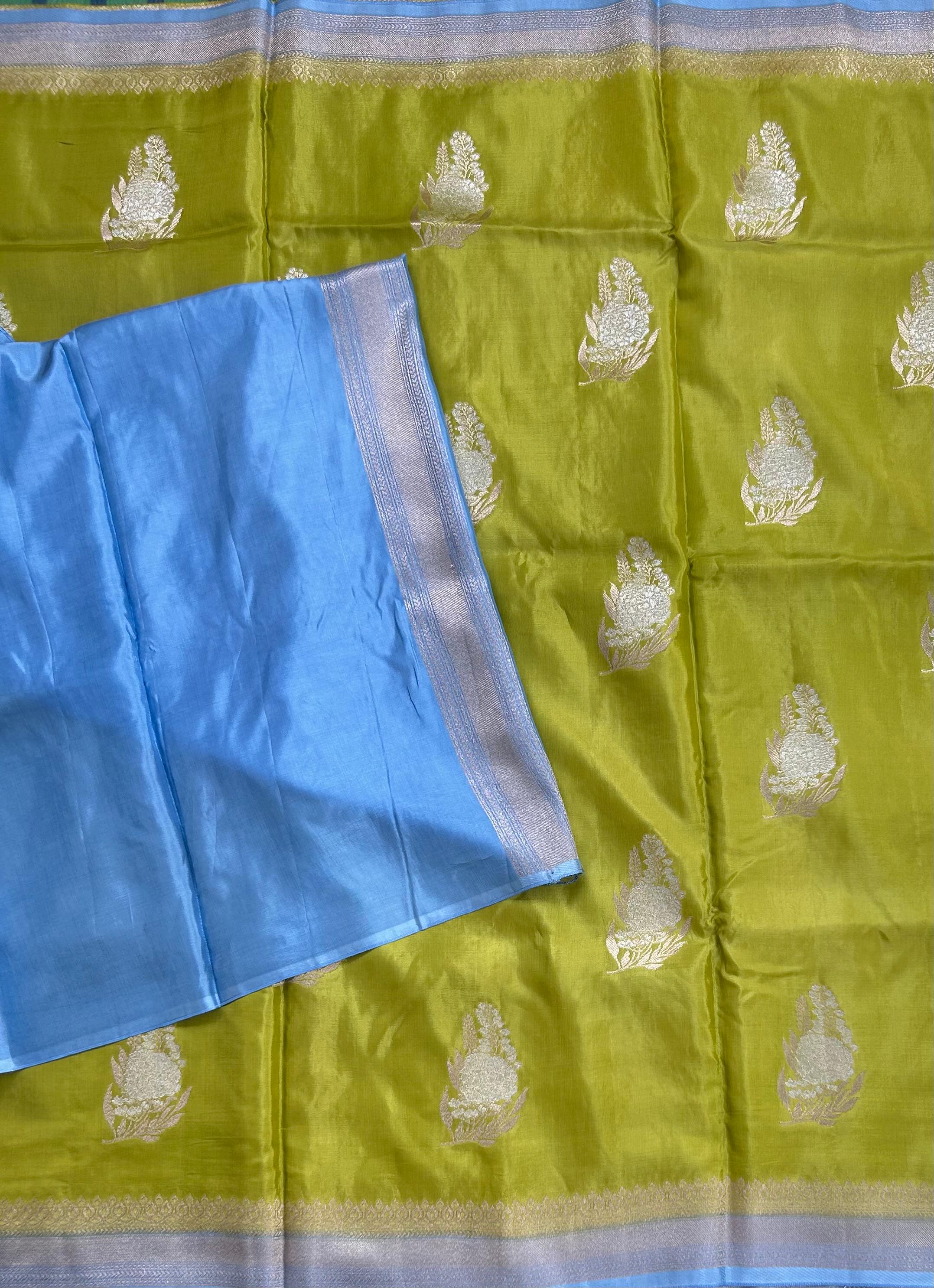 Green small Butta Saree with big Border – Designer Ethnic Wear,dola silk-10 - Image 3