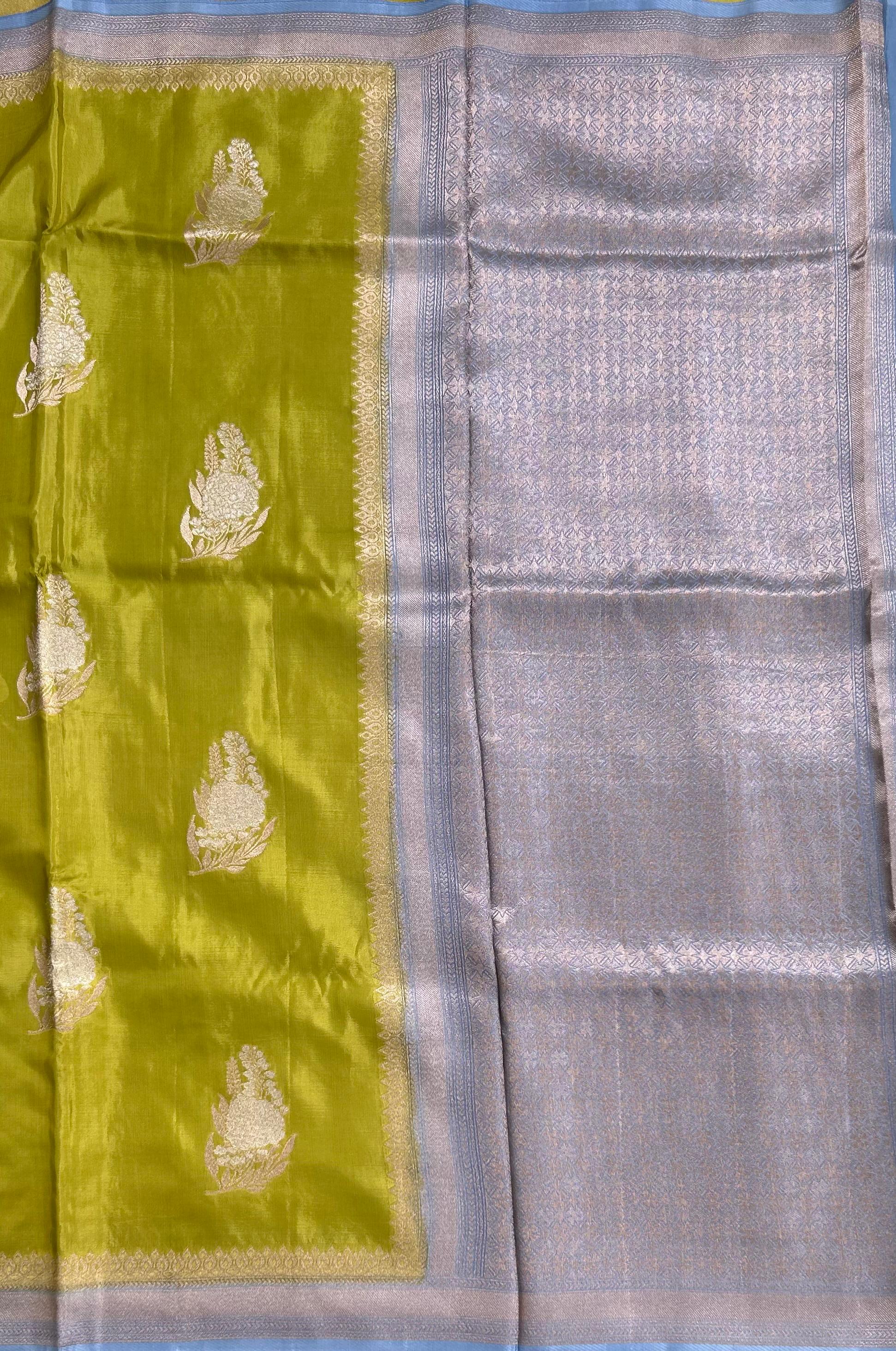 Green small Butta Saree with big Border – Designer Ethnic Wear,dola silk-10 - Image 4