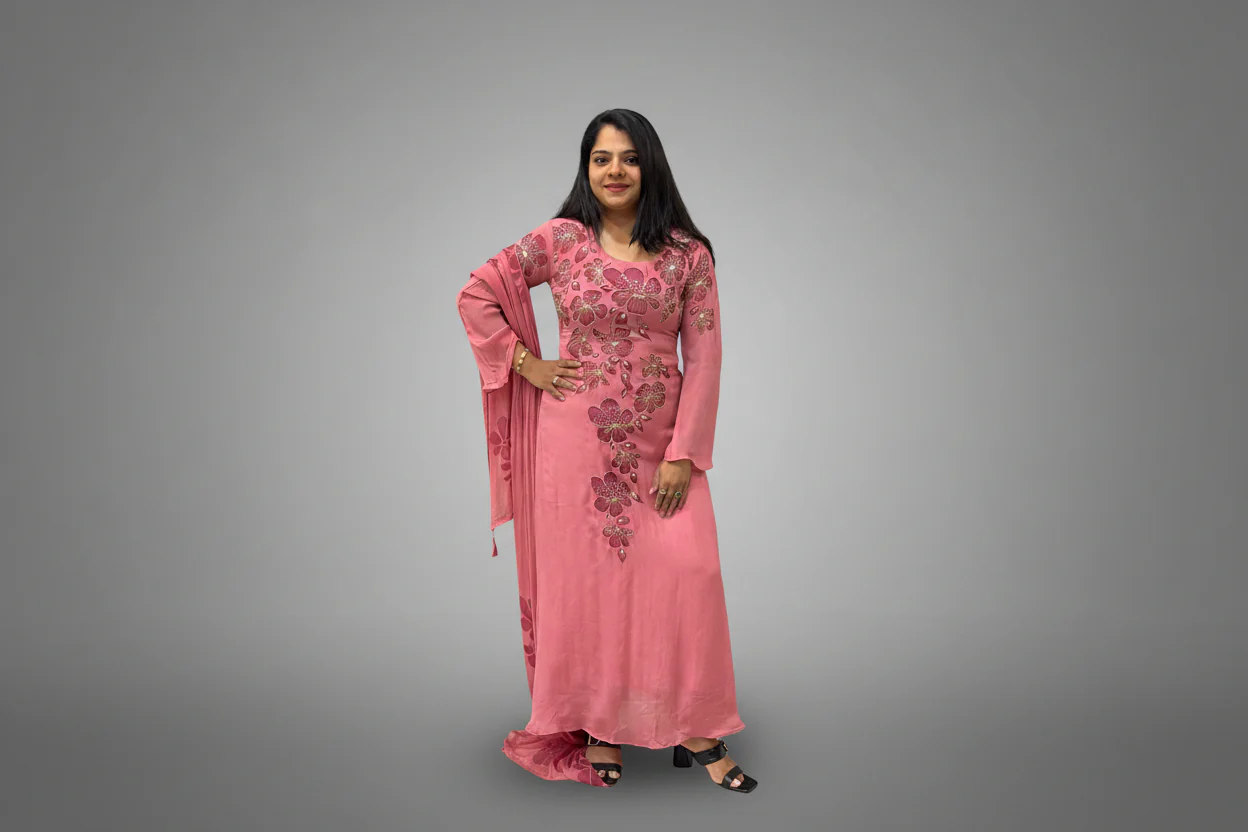 Onion Pink Airline  Chinnon Hand Embroidery Kurtha 765 - Image 2