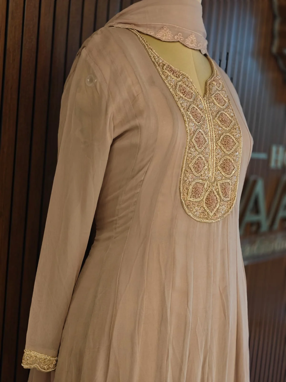 Onion Pink Chinnon Hand Embroidery Gown Kurtha 567 - Image 3