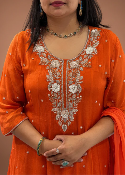 Orange Anarkali Chinnon Hand Embroidery Kurtha 567 - Image 4