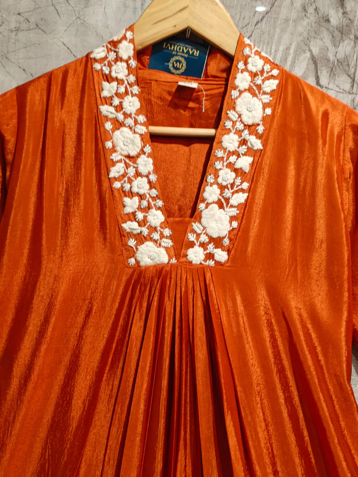 "Devi" Orange chinnon Embroidery 309 Airline handwork Kurtha plus size - Image 4