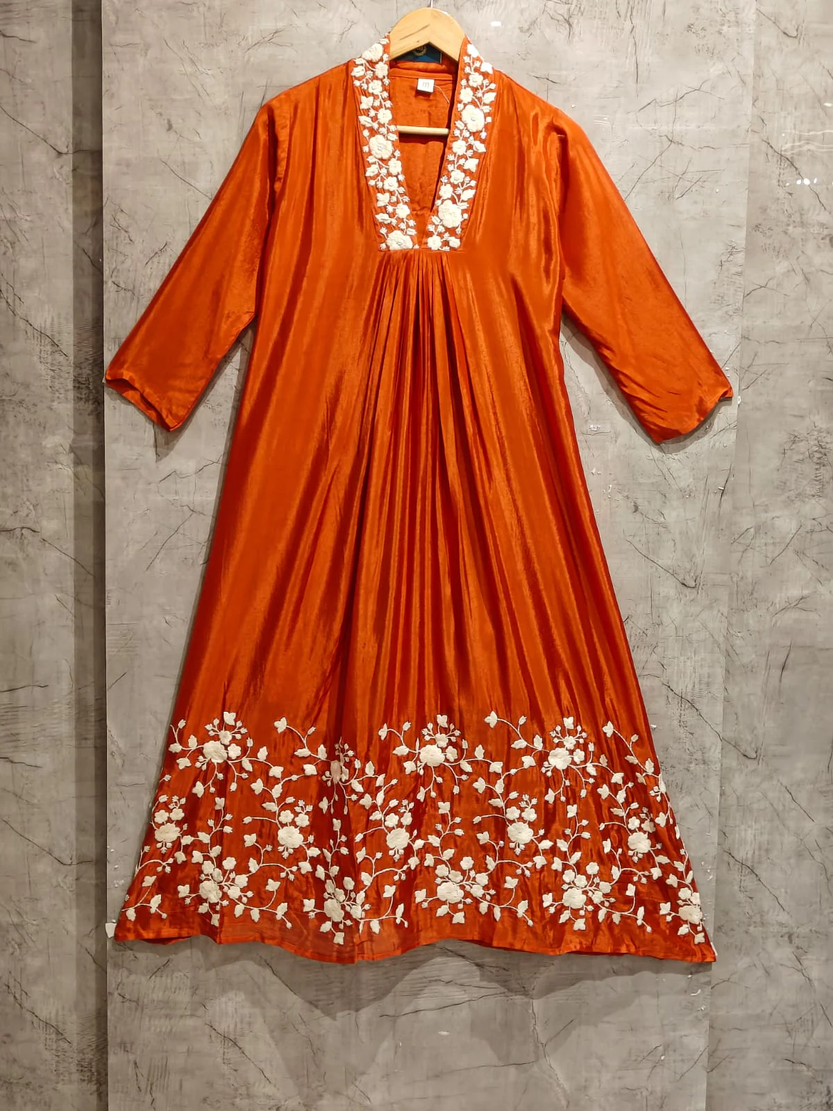 "Devi" Orange chinnon Embroidery 309 Airline handwork Kurtha plus size - Image 5
