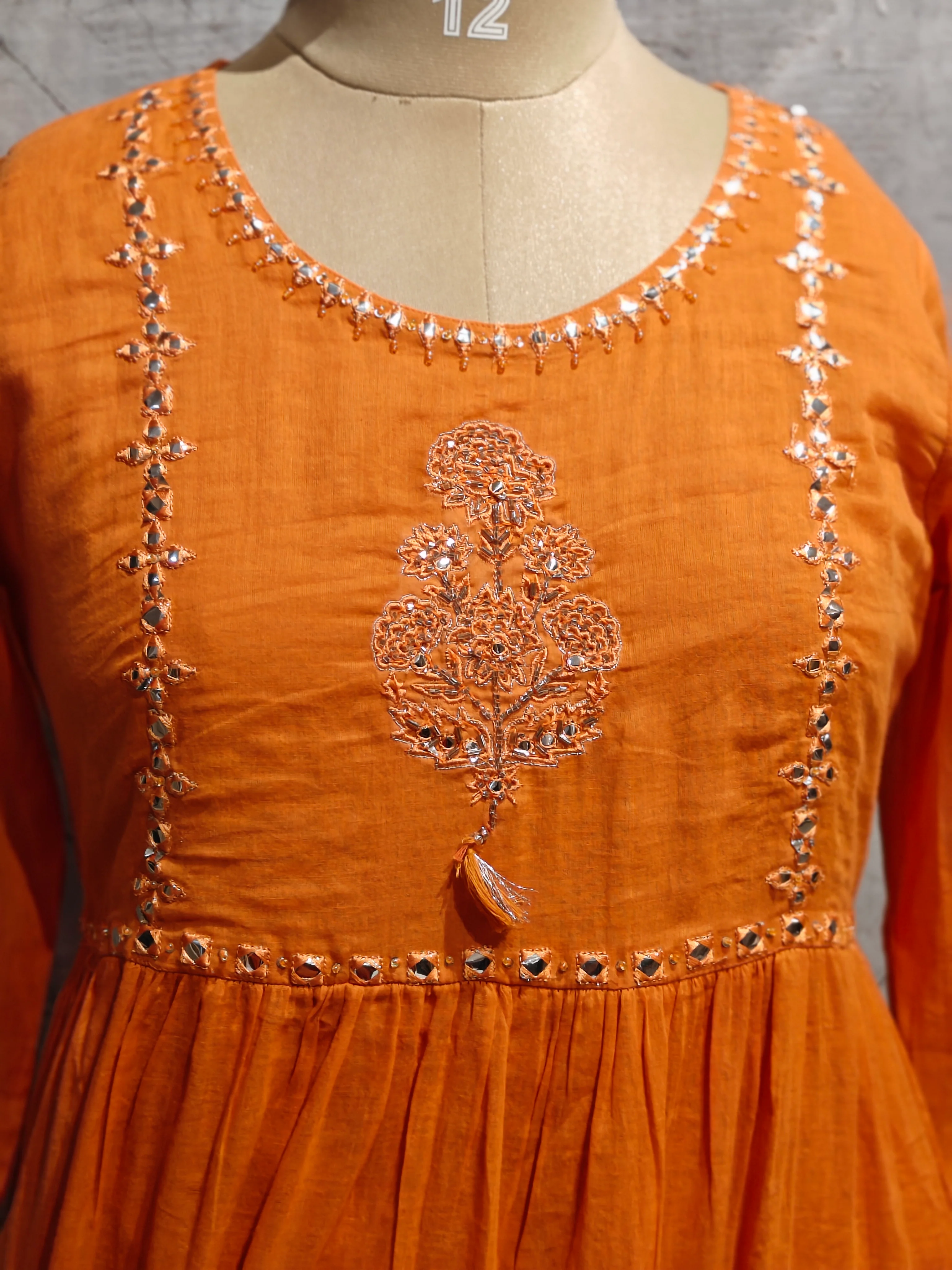 Orange Cotton Anarkali Mirror Work Kurtha 643 - Image 3