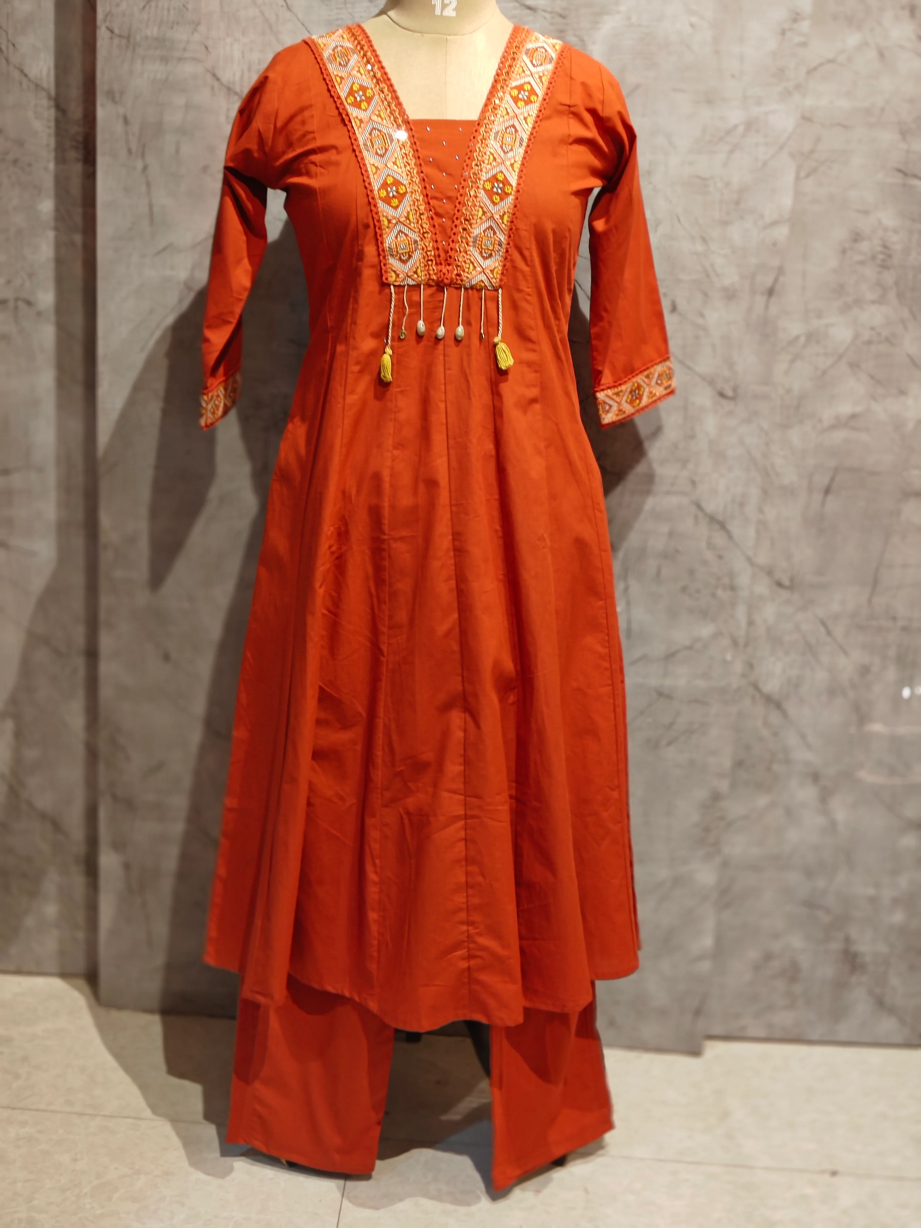 Orange Cotton Hand Embroidery Kurtha 646 - Image 2