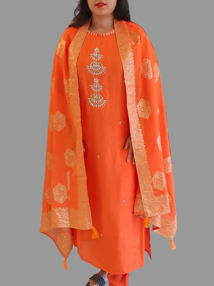Orange Dola Silk Handwork Straight Fit Kurtha 49 - Image 2