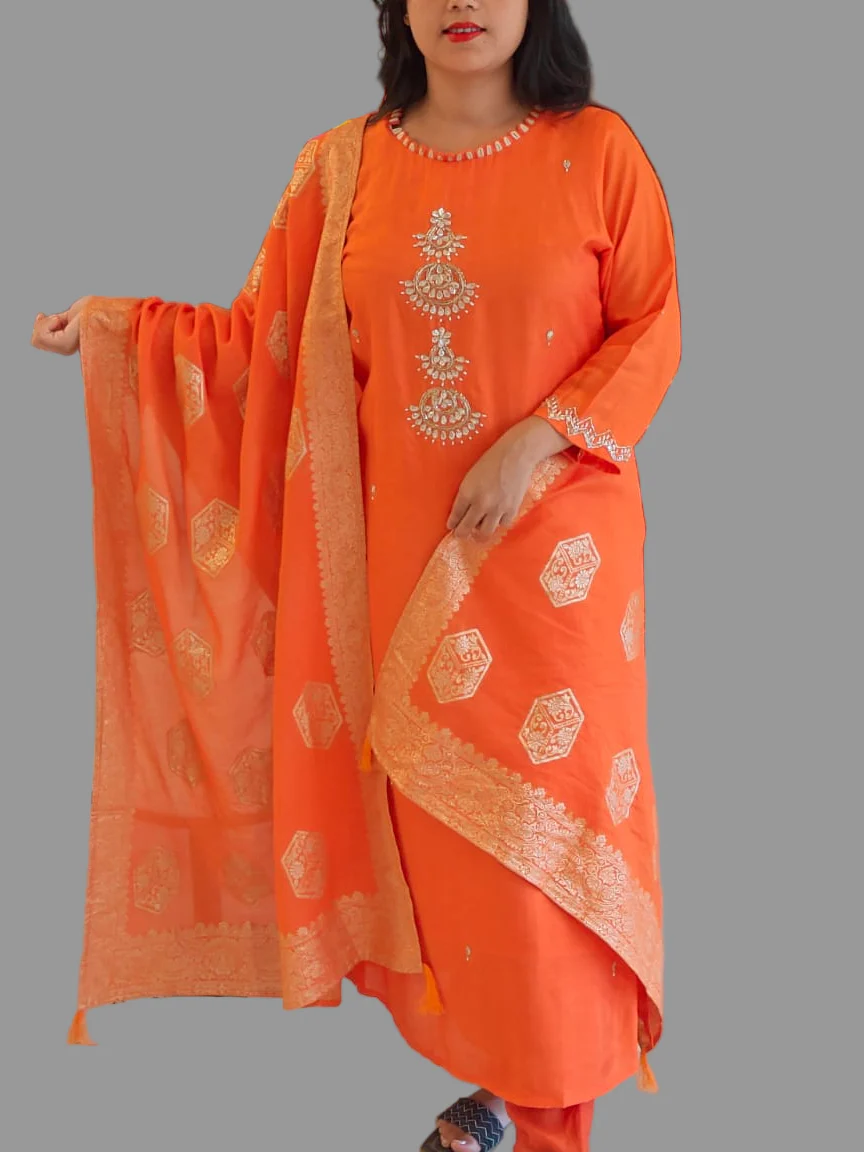 Orange Dola Silk Handwork Straight Fit Kurtha 49 - Image 3