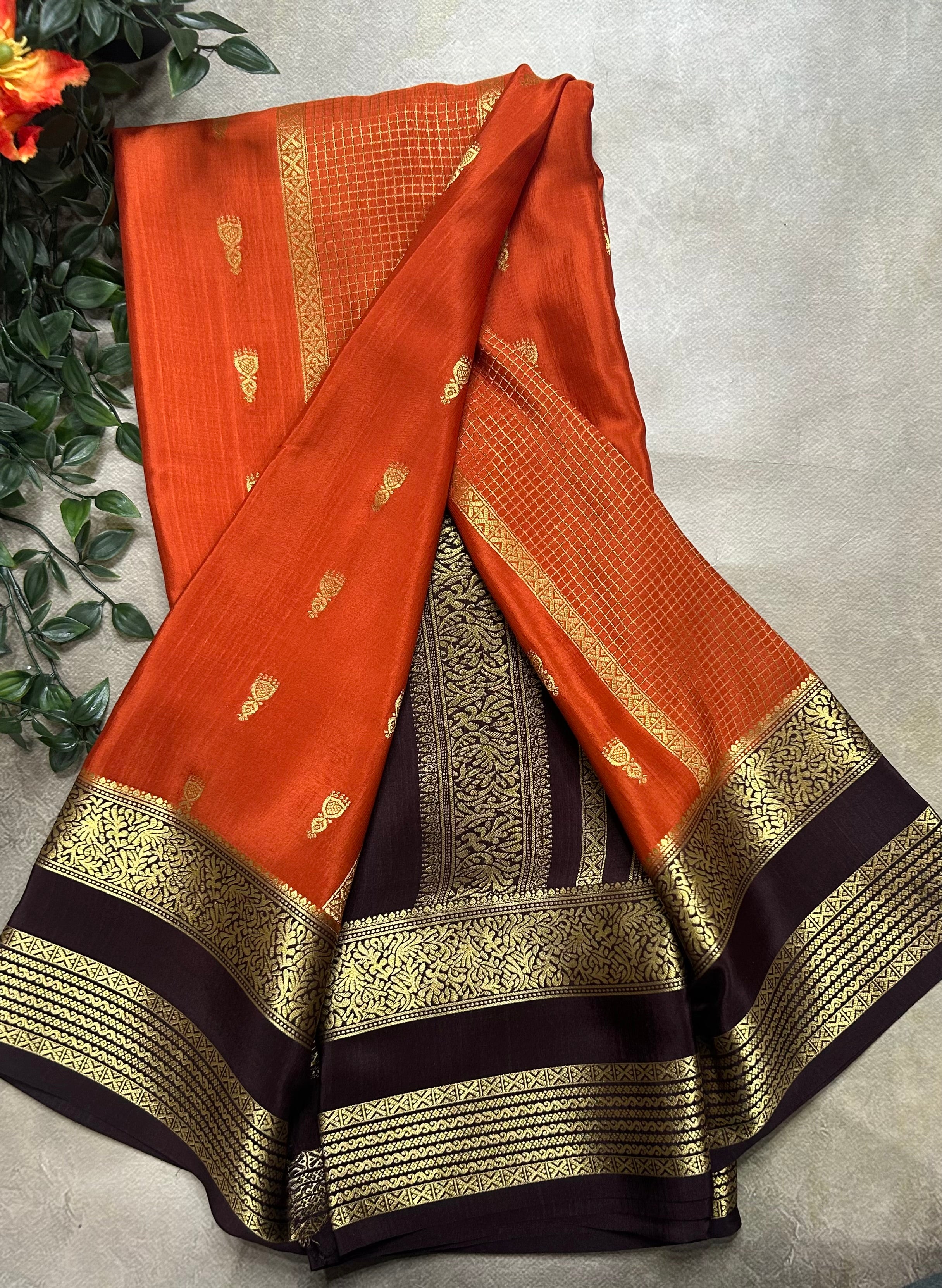 Orange jumka Butta n bentex border pure Mysore silk saree ST105 - Image 2