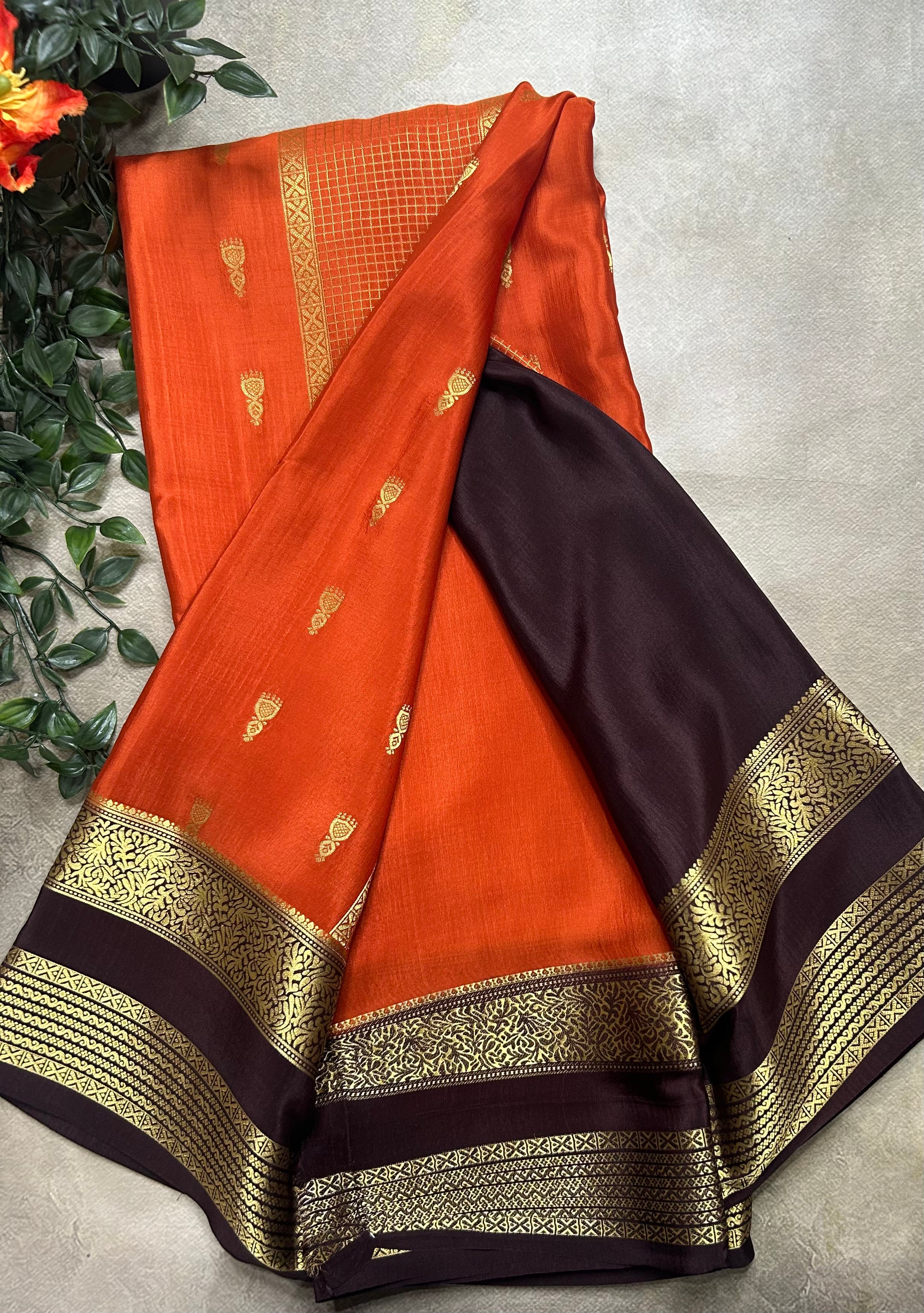 Orange jumka Butta n bentex border pure Mysore silk saree ST105 - Image 3
