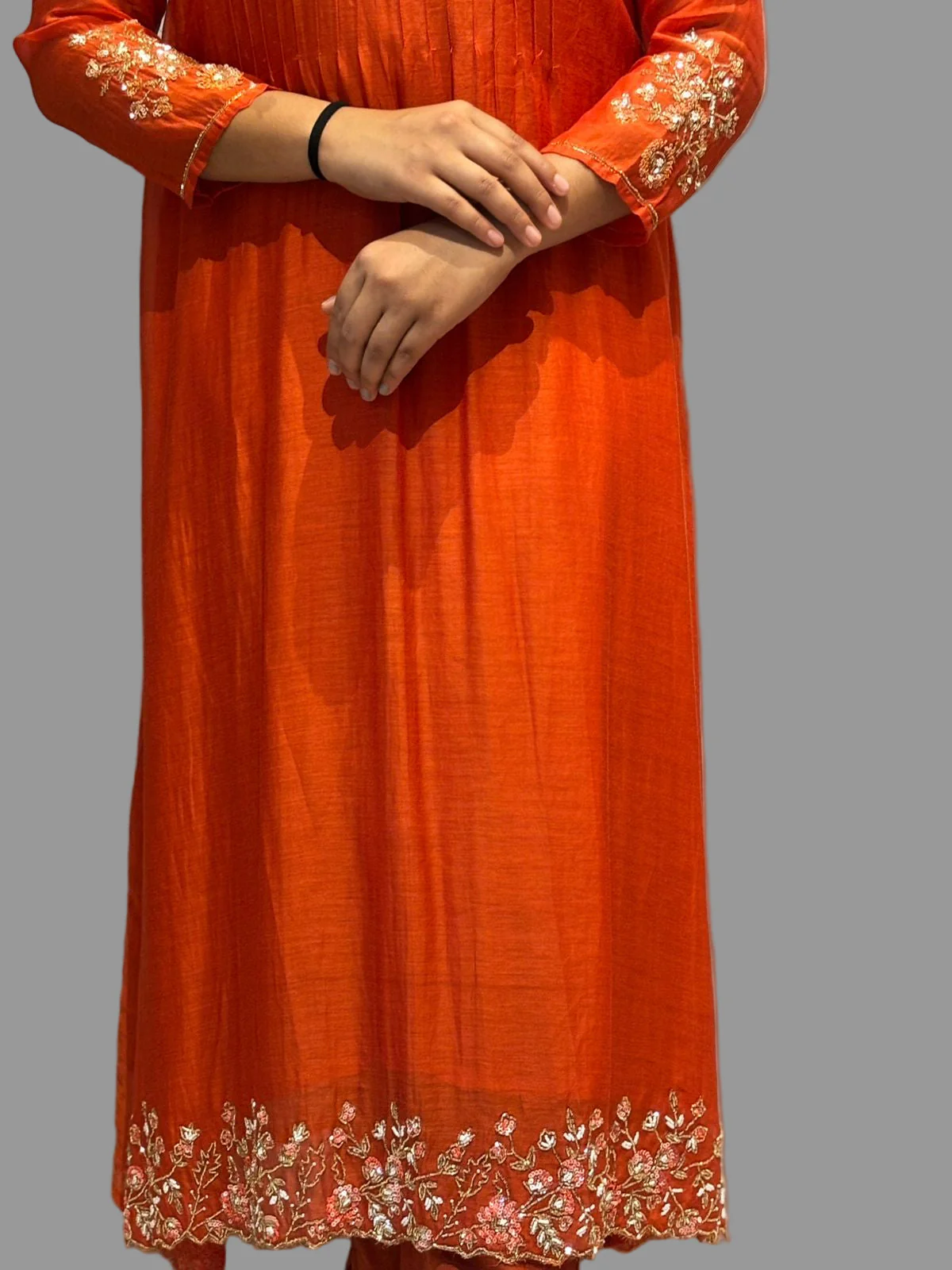 Orange Mul Chanderi Hand Embroidery Anarkali Kurtha 131 - Image 3