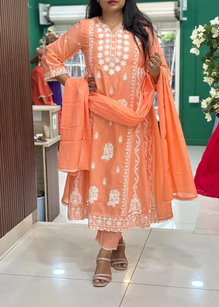 Orange Mul Cotton Chikankari Work Straight Fit Kurtha 459 - Image 3