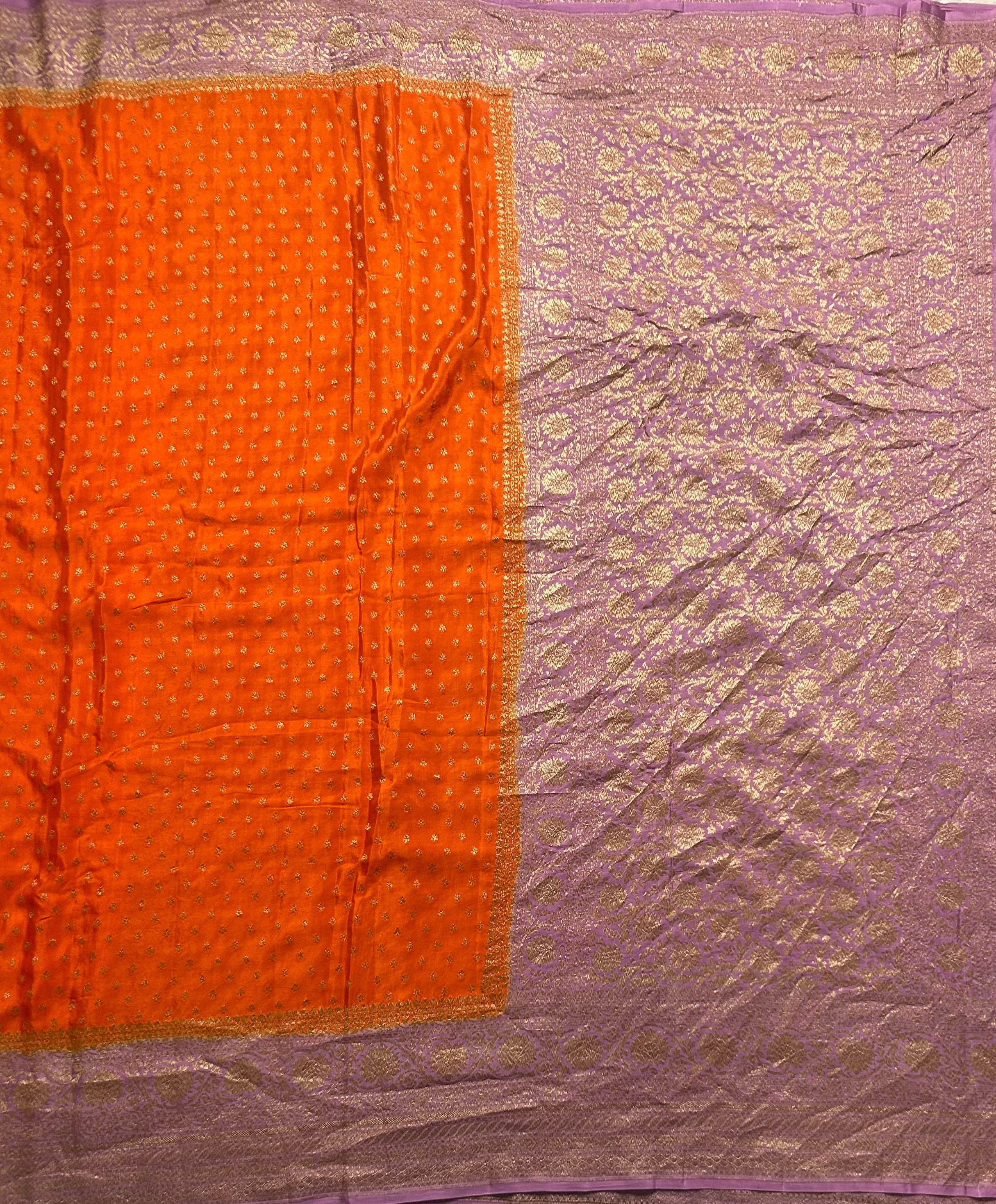 Orange n lilac pure benarasi 104 crepe silk saree - Image 2