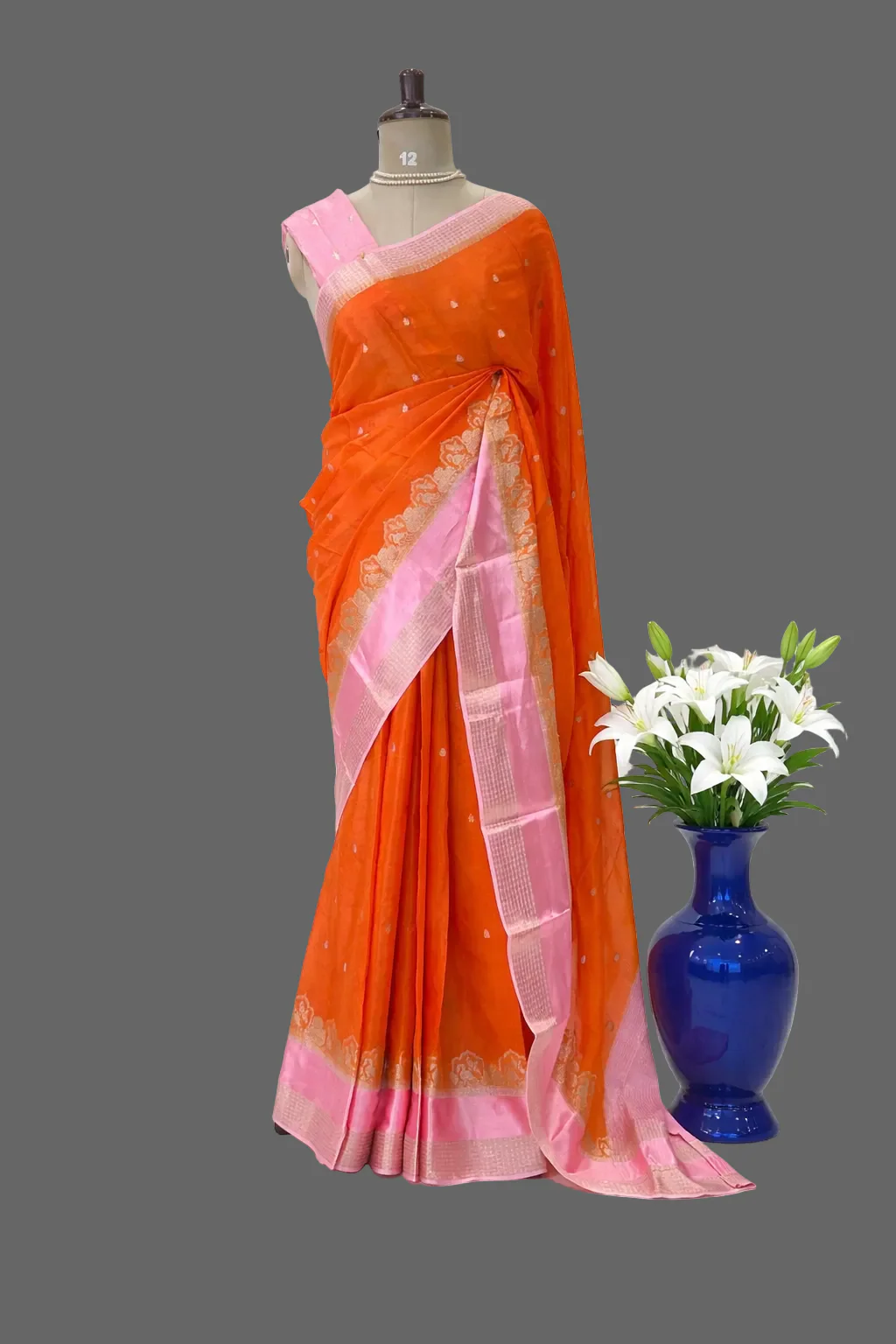 Orange n pink chinnon 102 crepe saree - Image 2