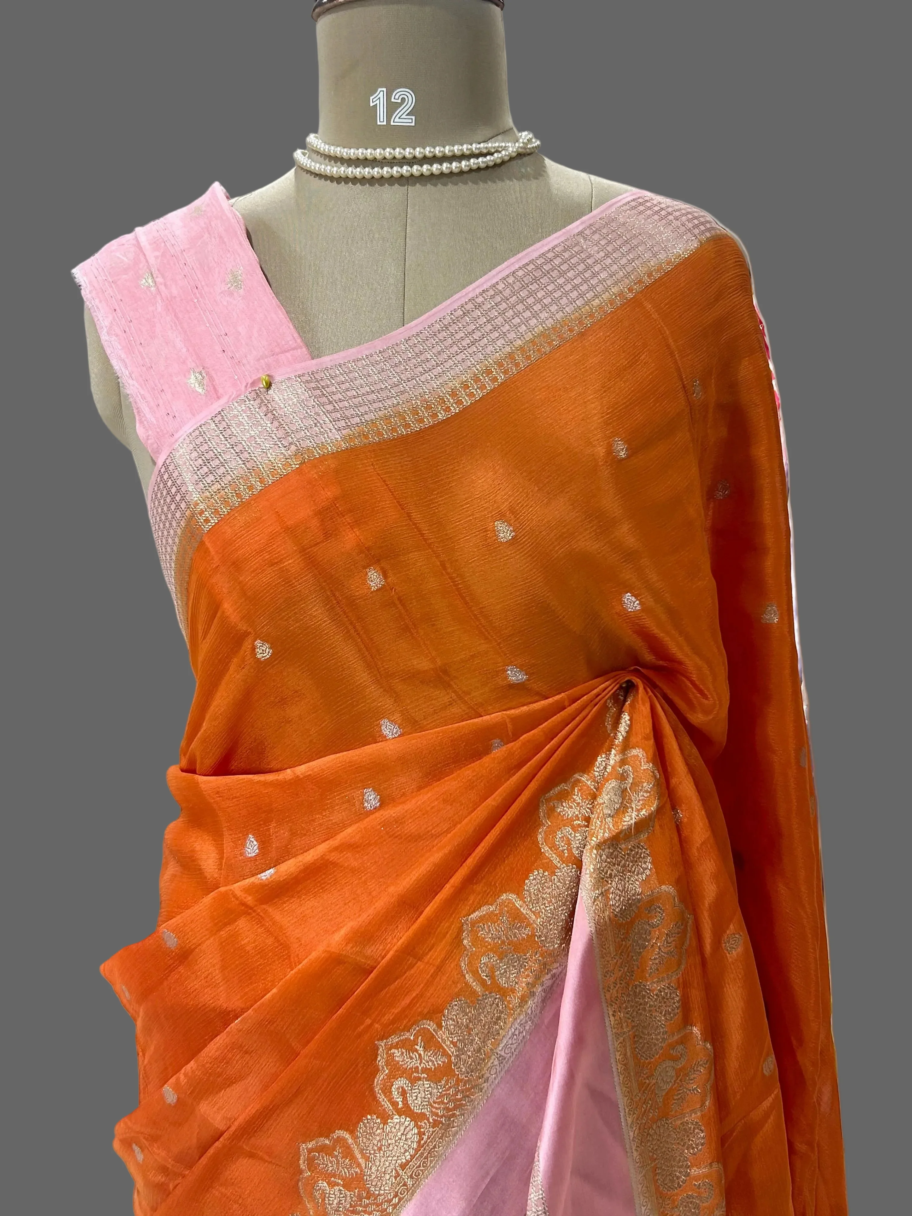 Orange n pink chinnon 102 crepe saree - Image 3
