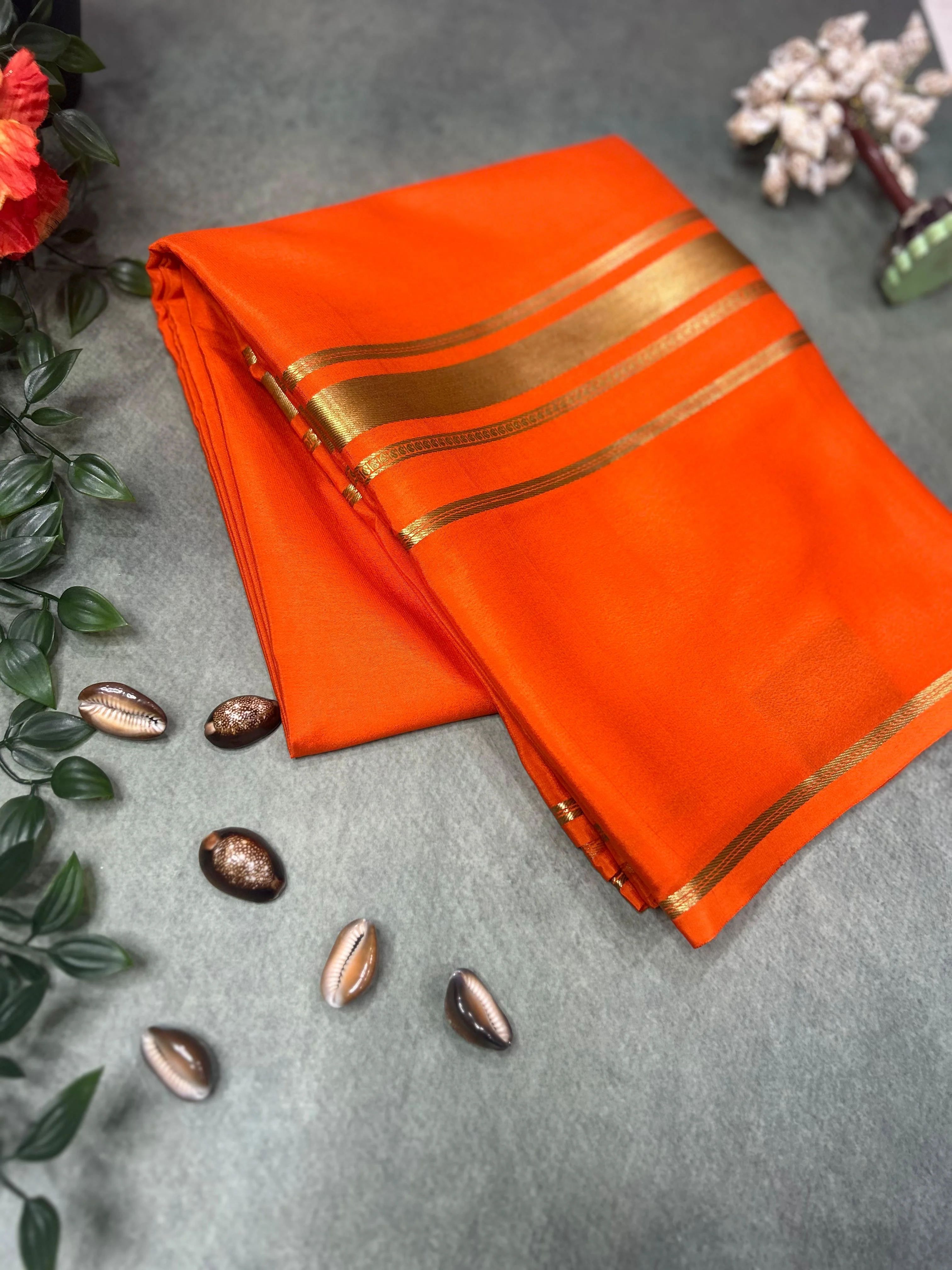 Orange plain four border pure mysore crepe silk saree - Image 2