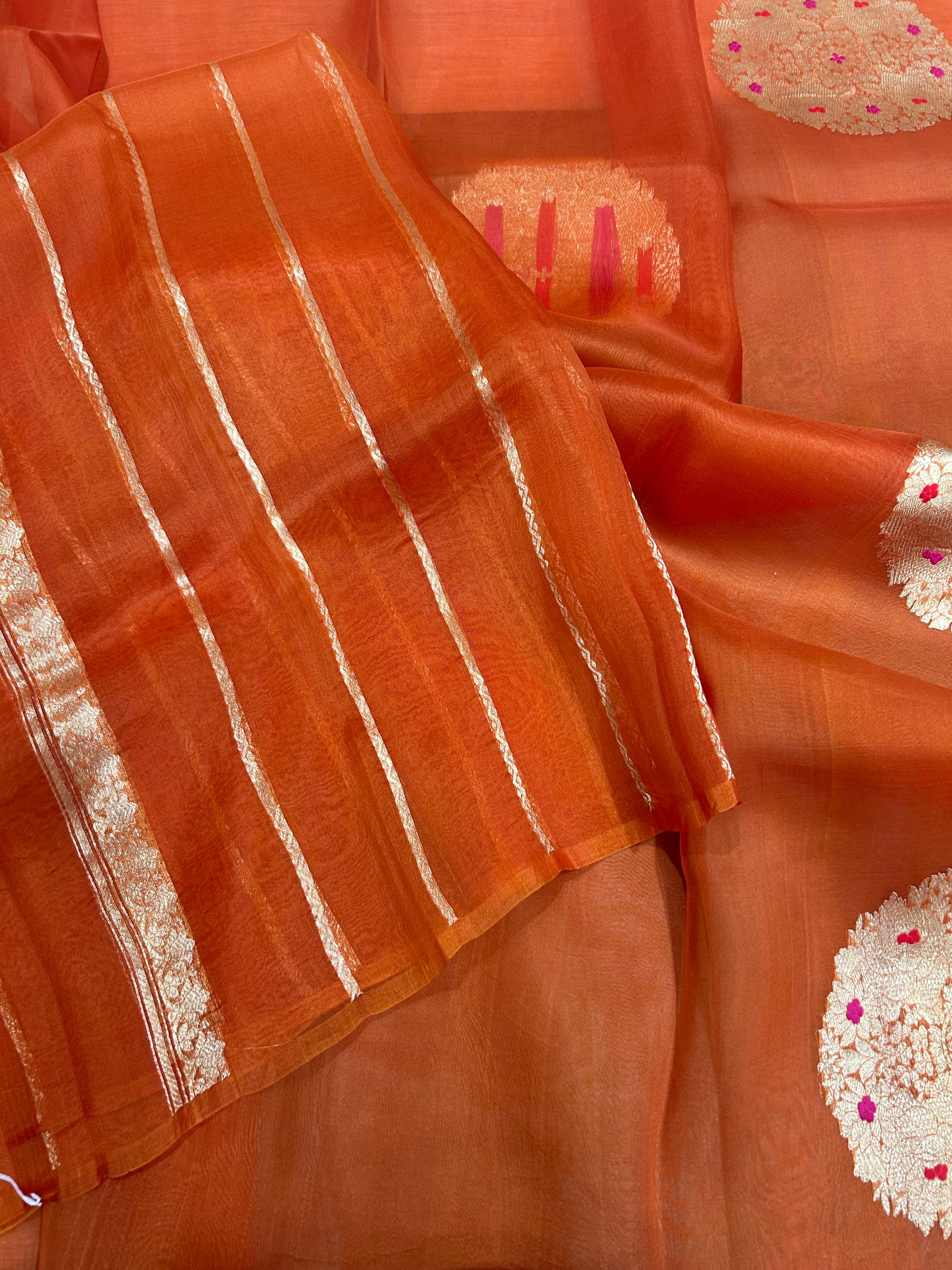Orange pure kora 105 organza silk saree - Image 4