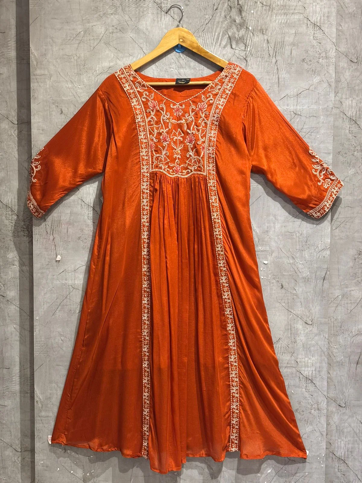 Orange Thread embroidry  Crepe kurtha set - Image 2
