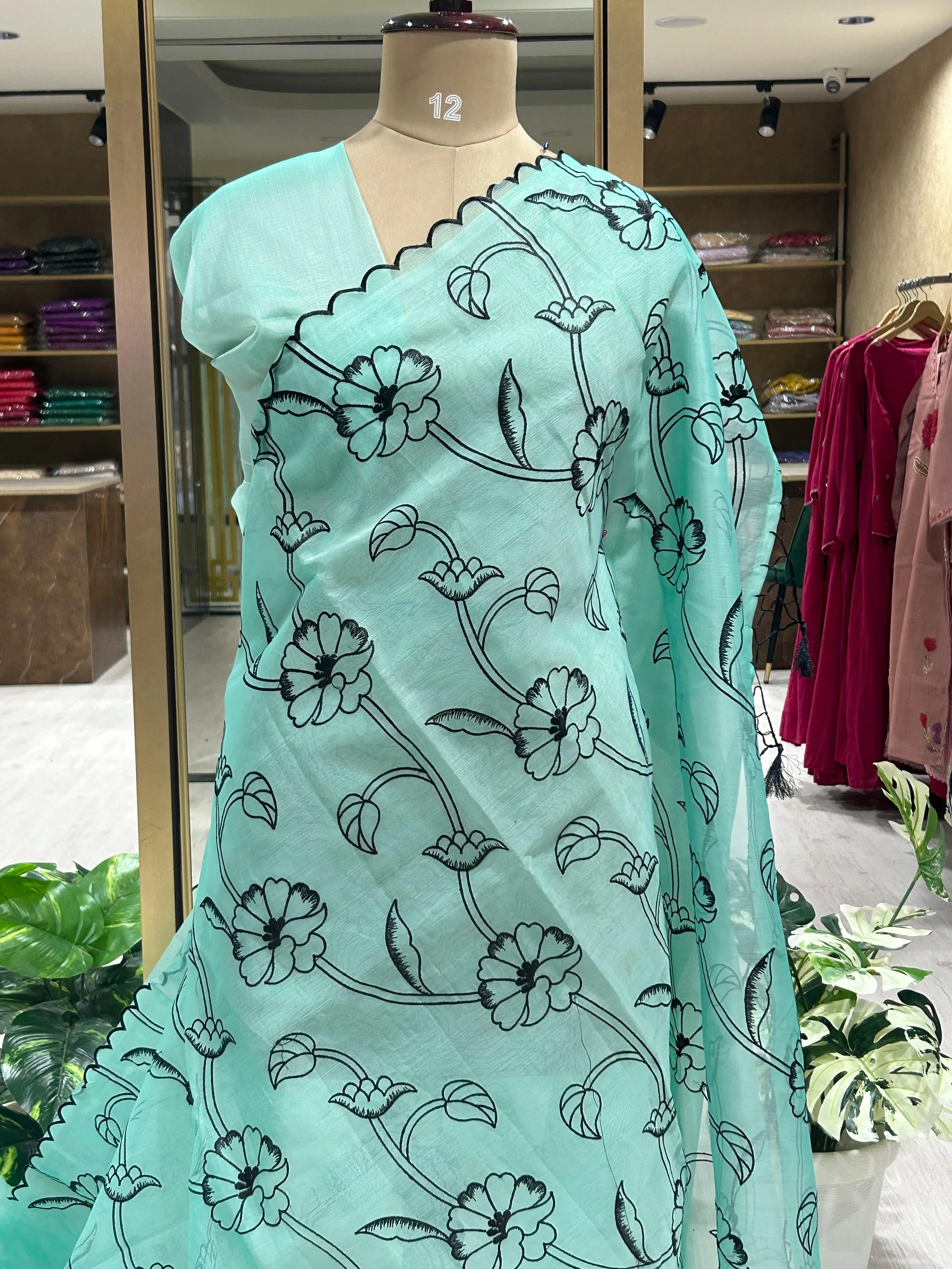 Aqua green Organza Embroidery Work Saree for Elegant Occasions,organza black embrodiery-09 - Image 2