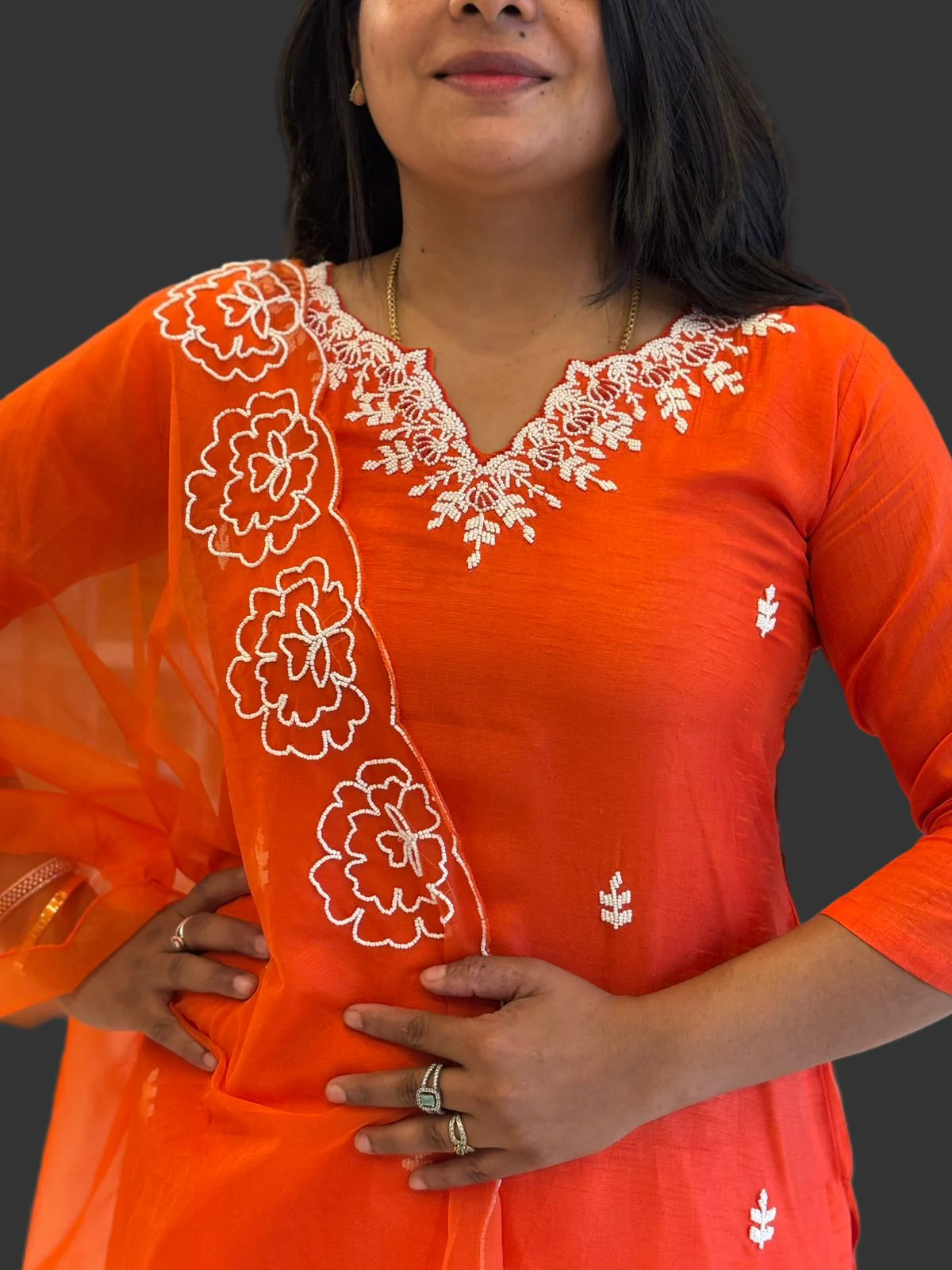Orange Handwork Dola silk Kurtha 811 - Image 2