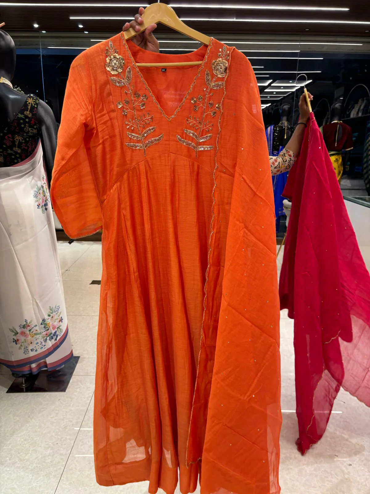 “Pani"  0range 333 Alia cut Mul Chanderi silk Kurtha suit with work hand embroidery - Image 4