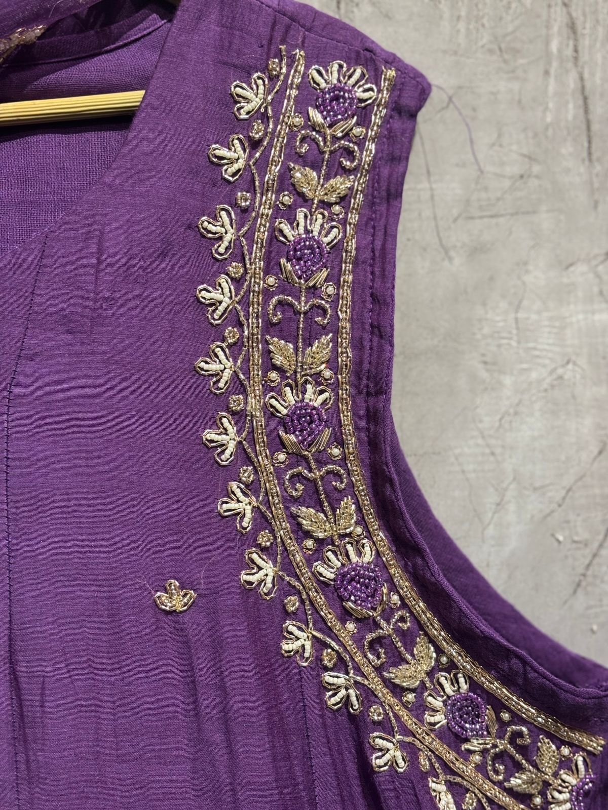 “Pani" Purple Mul Chanderi Silk Anarkali Handwork Kurtha 515 - Image 3