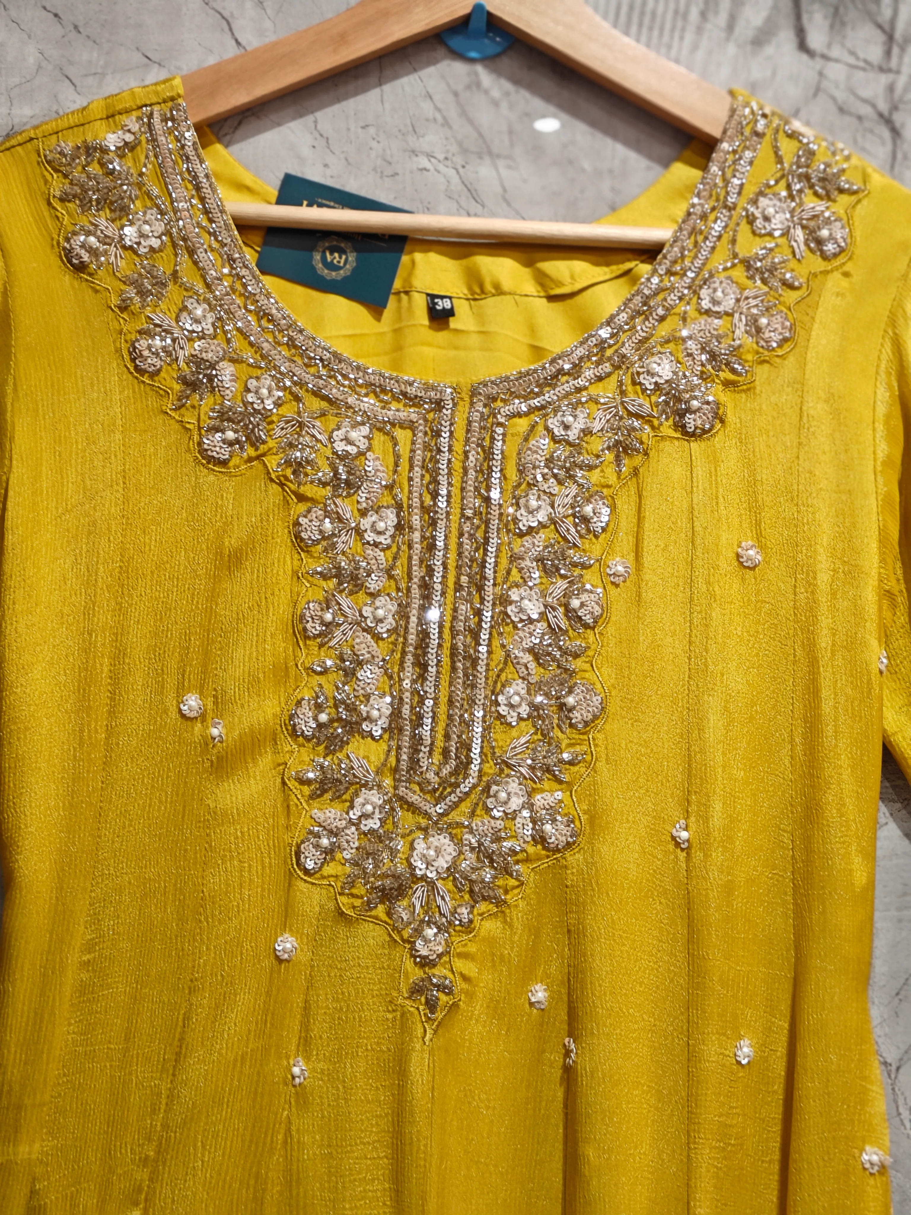 "Pari" Mastuard Yellow Anarkali Handwork Kurtha 567 - Image 6