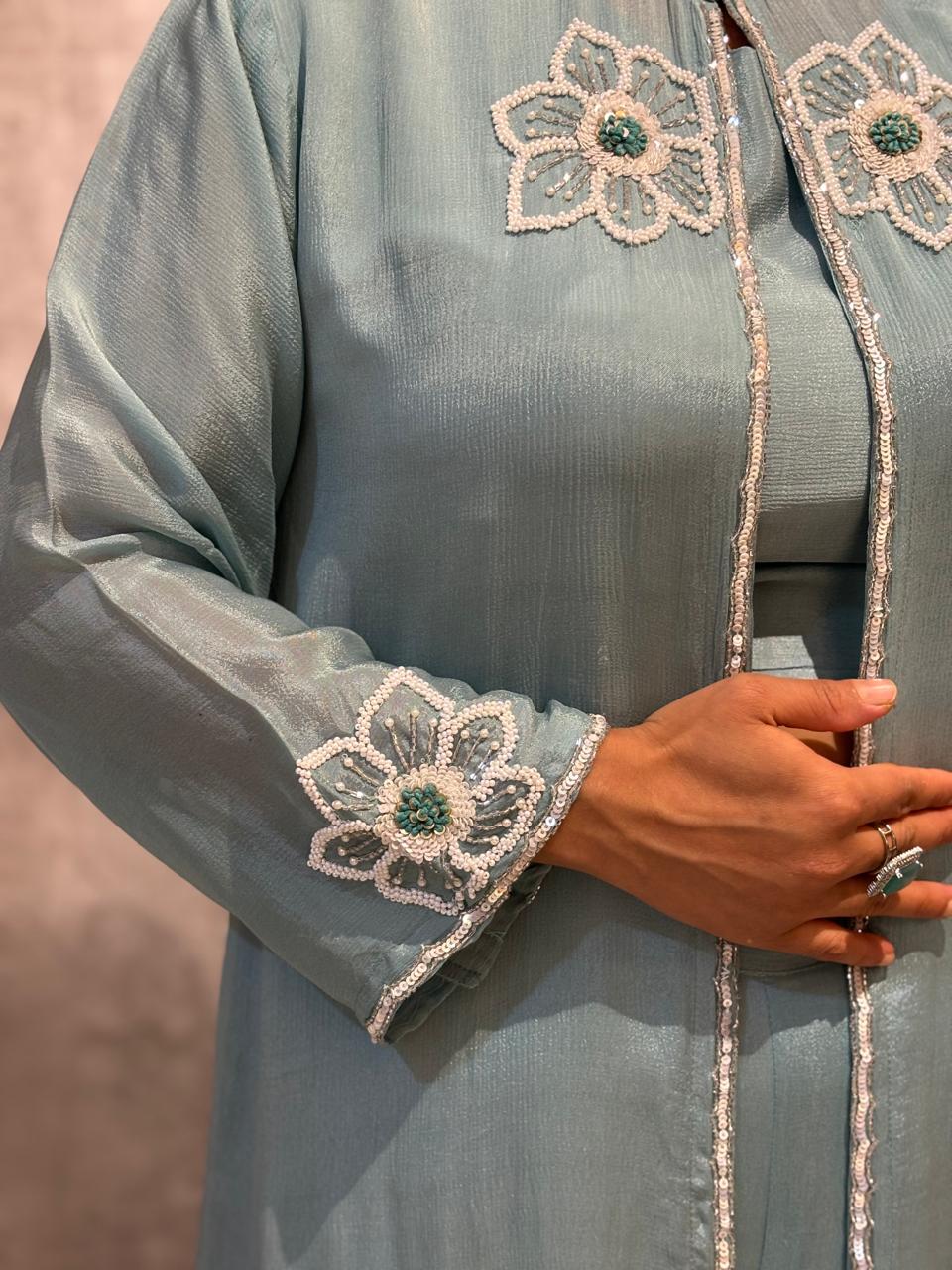 "PARI" Blue Designer Kurtha 43 Set with Handwork Top, Palazoo and Jacket Indo-western cape - Image 3