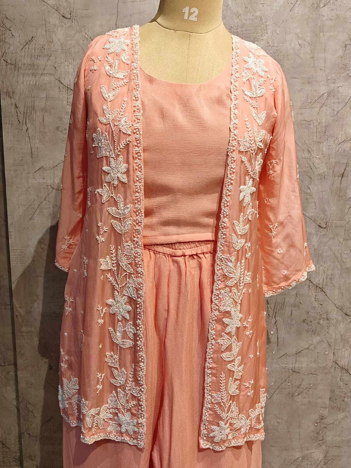 "PARI" Peach Designer Kurtha 43 Set with pearl handwork   Top, Palazoo and Jacket Indo-western cape - Image 4