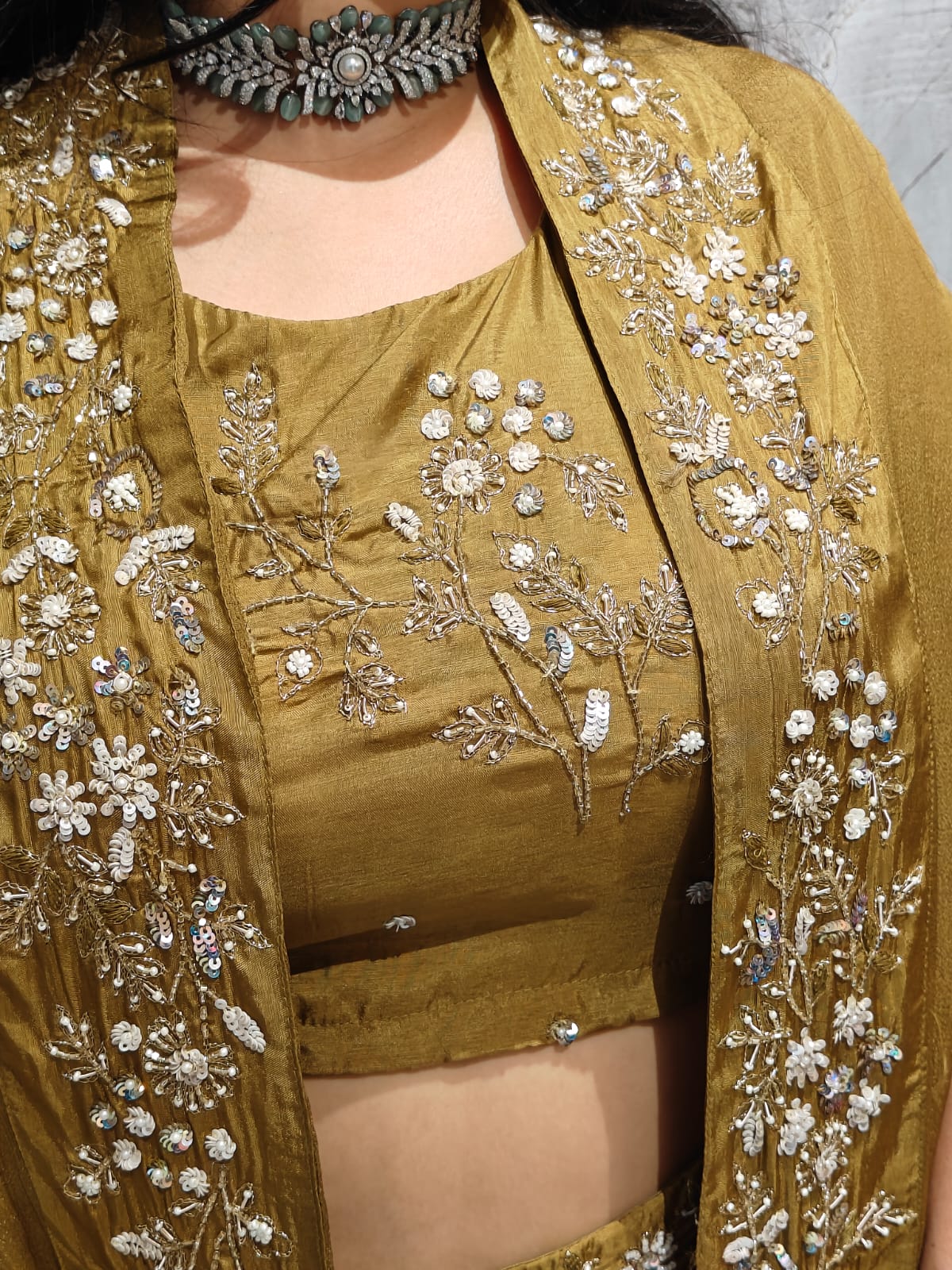 "PARI"  Mehendi Green Designer Kurtha 43 Set with Handwork Top, Skirt and Cape Indo-western - Image 3