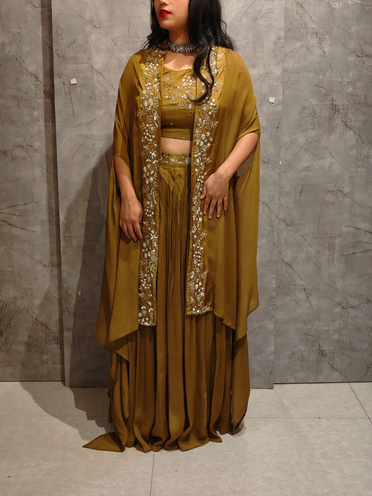 "PARI"  Mehendi Green Designer Kurtha 43 Set with Handwork Top, Skirt and Cape Indo-western - Image 4