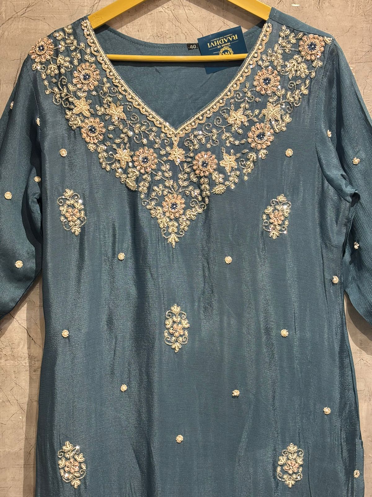 "PARI" Navy Blue Designer Kurtha Set with Handwork and Palzoo Pant - Image 4
