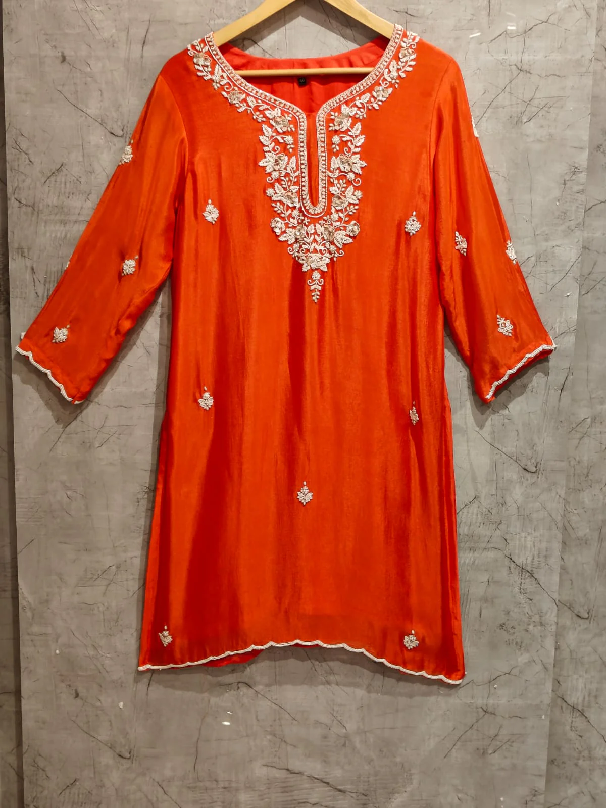“Pari" Orange chinnon handwork party ware Kurtha set - Image 3