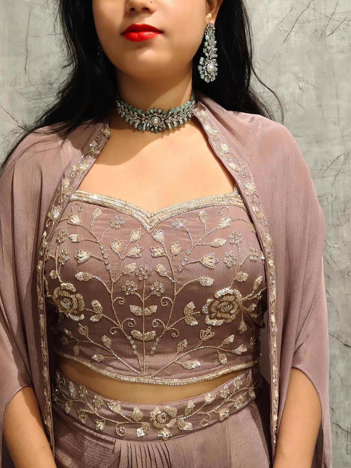“Pari" Lilac Indo-western handwork Top, Skirt and Cape kurtha 42 - Image 5