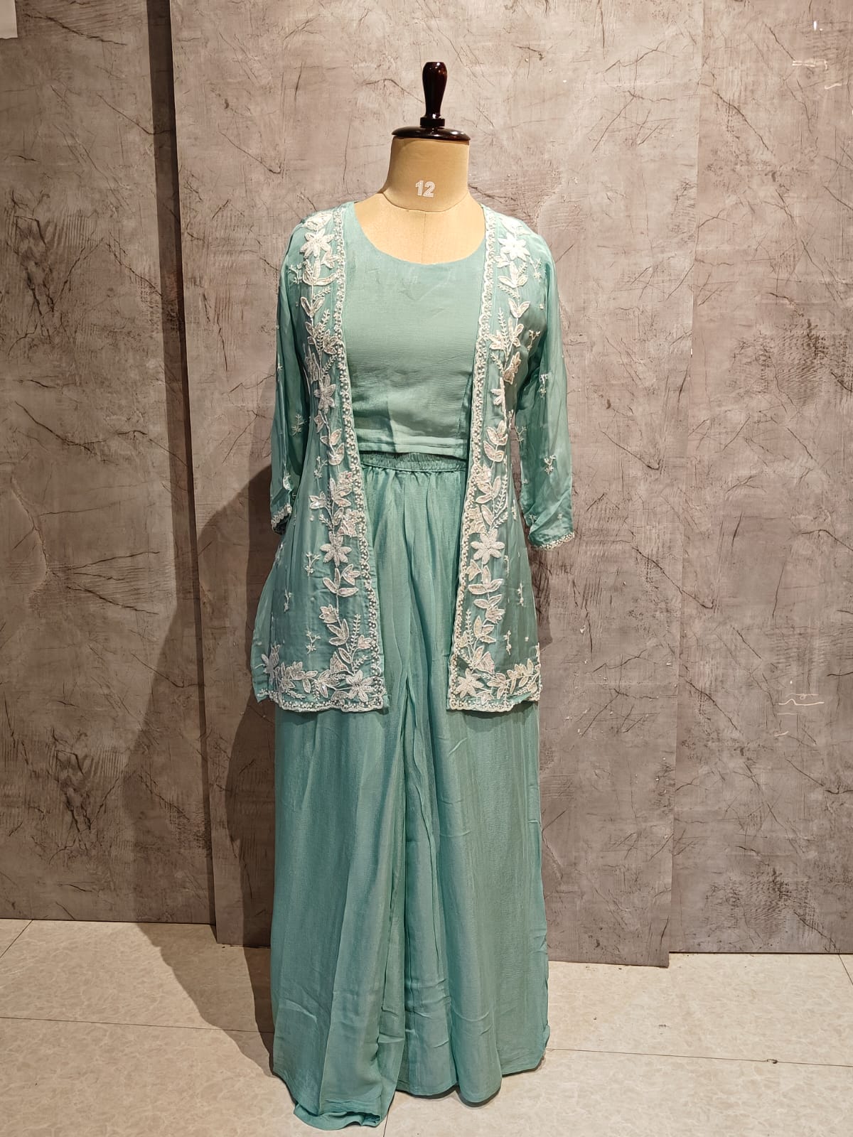 "PARI" Sea Green Designer Kurtha 43 Set with pearl handwork   Top, Palazoo and Jacket Indo-western cape - Image 2