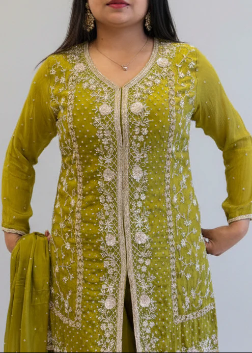 Pista Green Chinnon Hand Embroidery Sharara Kurtha 301 - Image 3