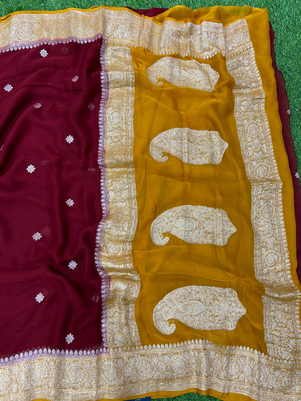 Maroon mustard benaras pure khadi chiffon saree - Image 3