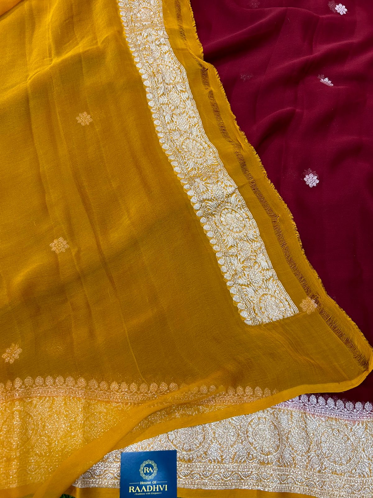 Maroon mustard benaras pure khadi chiffon saree - Image 4