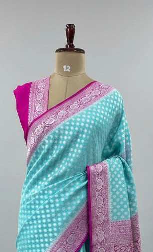 Sky blue n rani pink banarasi Pure Georgette Saree-12 - Image 4