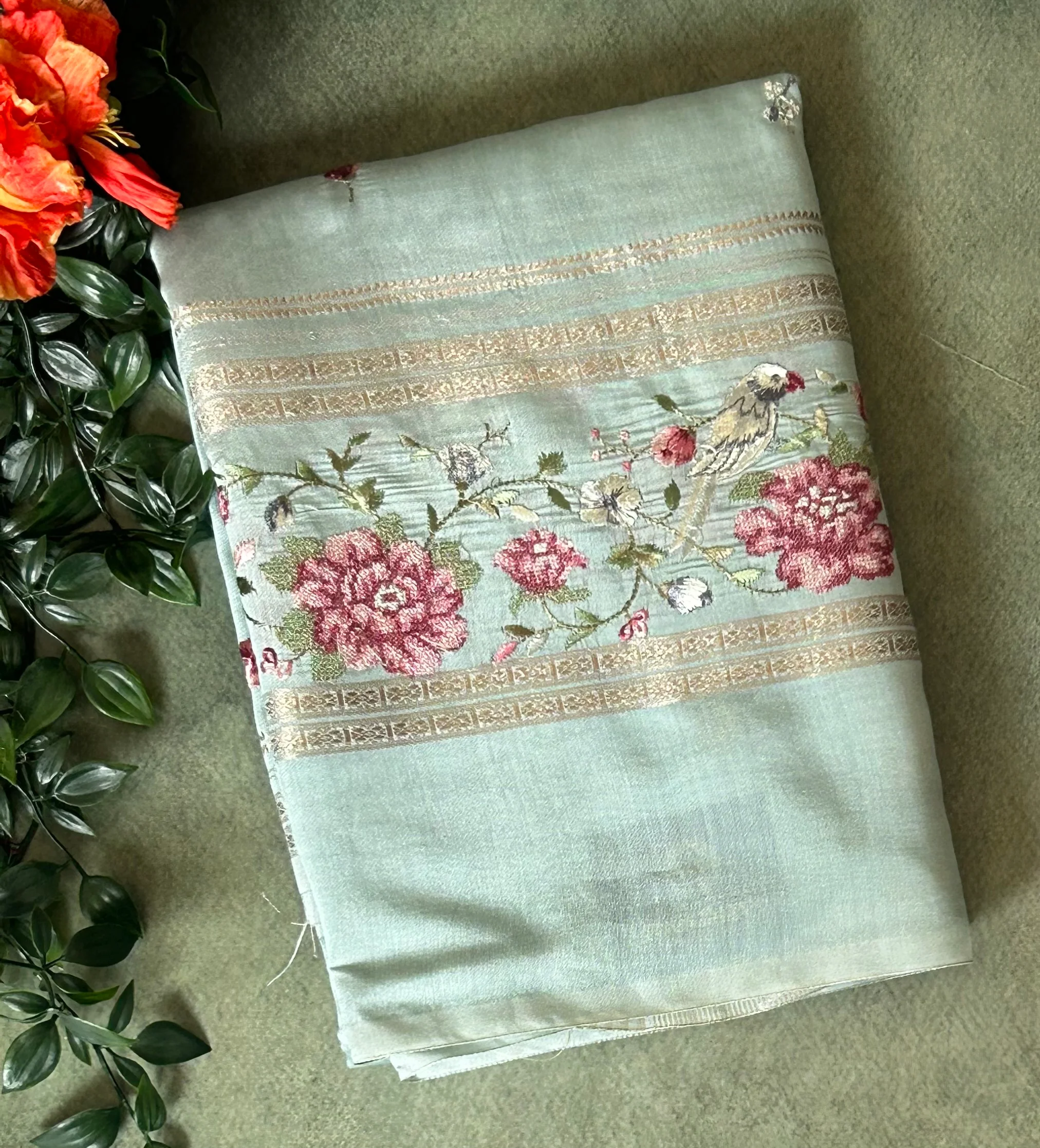 Pastel blue embrodiery soft tussar crepe 102 saree