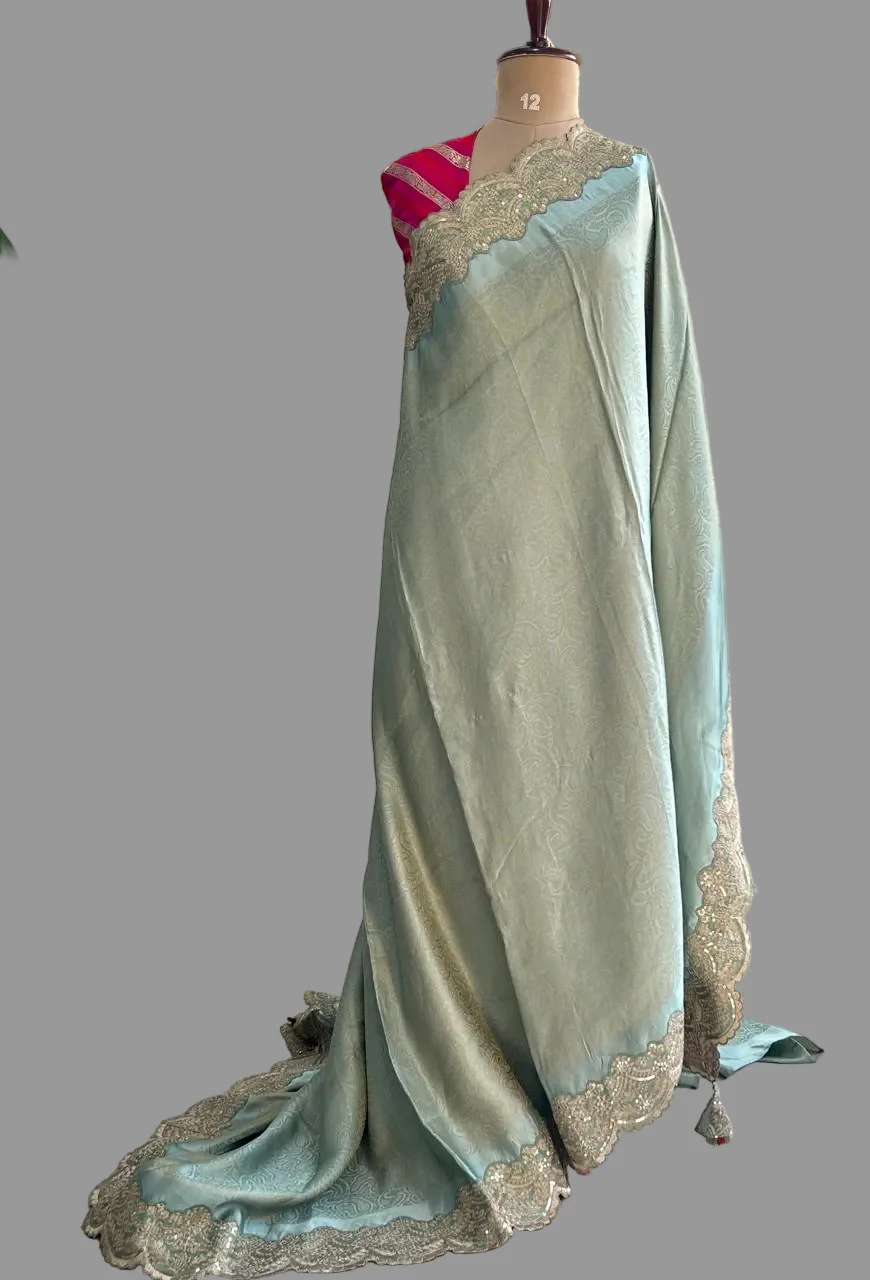 Pastel green brocade tissue scallop border party wear - Image 2