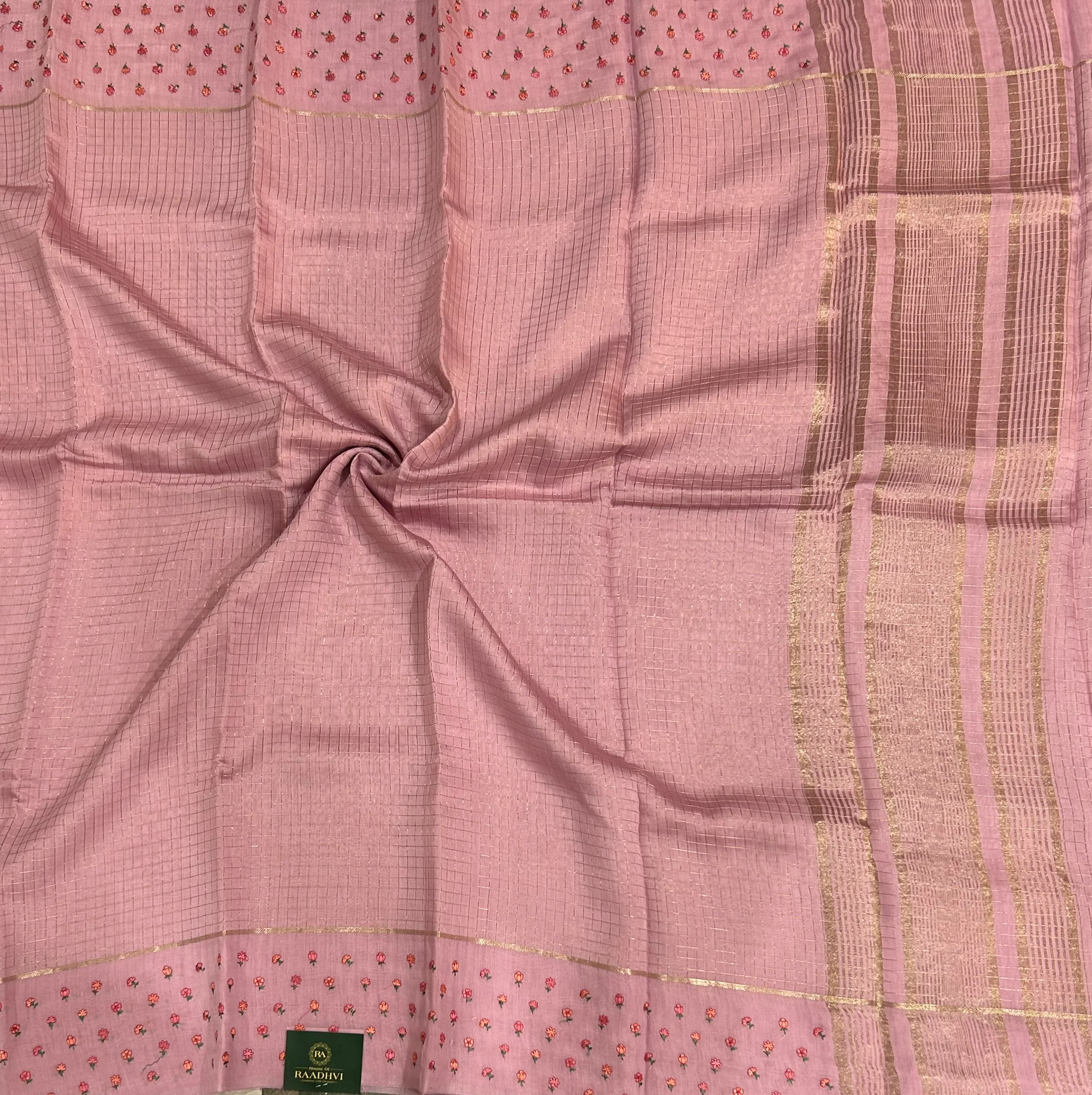 Pastel green checks embrodiery butta border soft tussar crepe 104 saree - Image 2