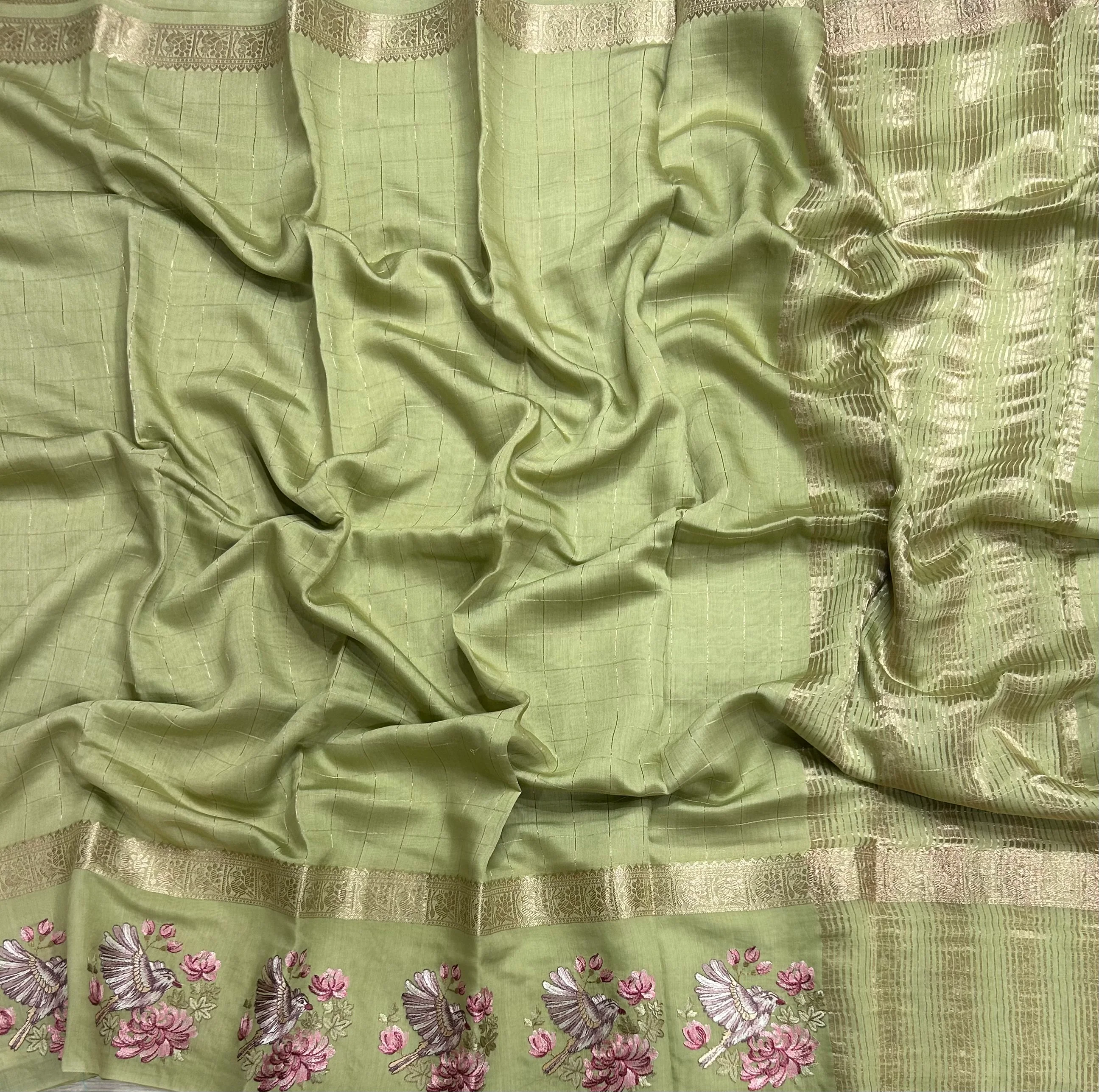 Pastel green checks embrodiery soft tussar crepe 104 saree - Image 2