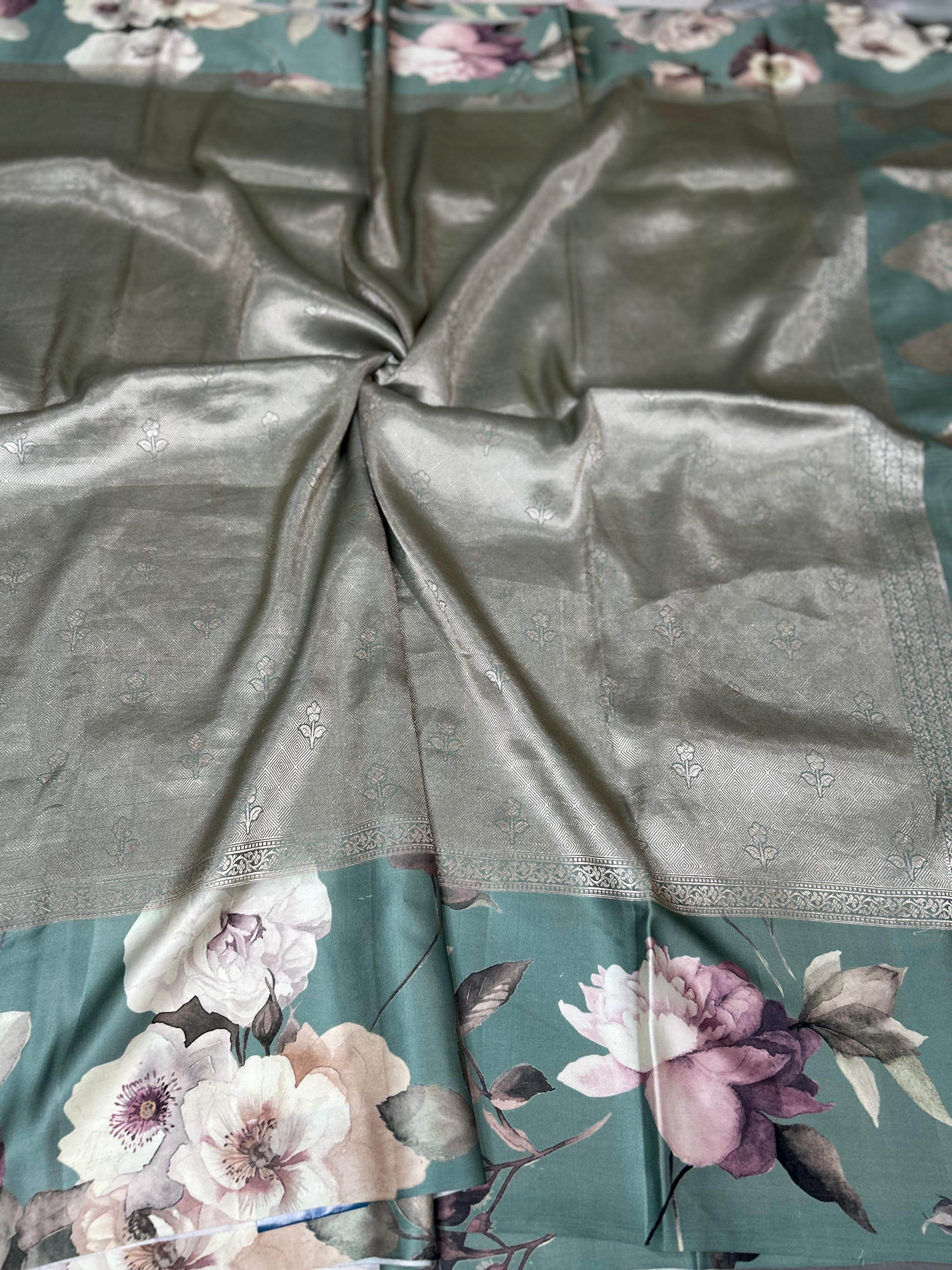 Pastel green digital print brocade pure mushru 101 saree - Image 2