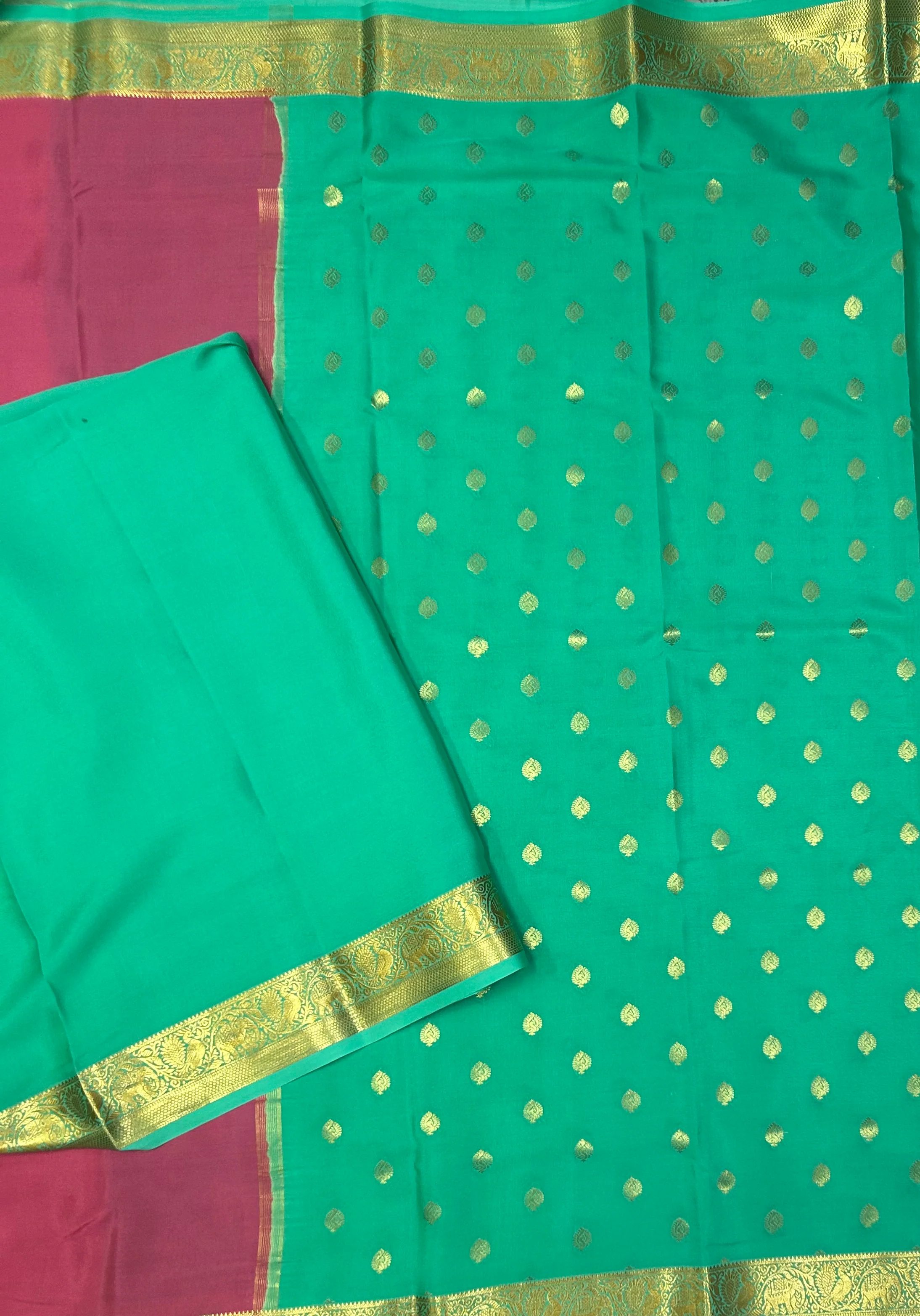Pastel green n light pink  partly pallu Pure Mysore silk crepe 103 Saree - Image 3