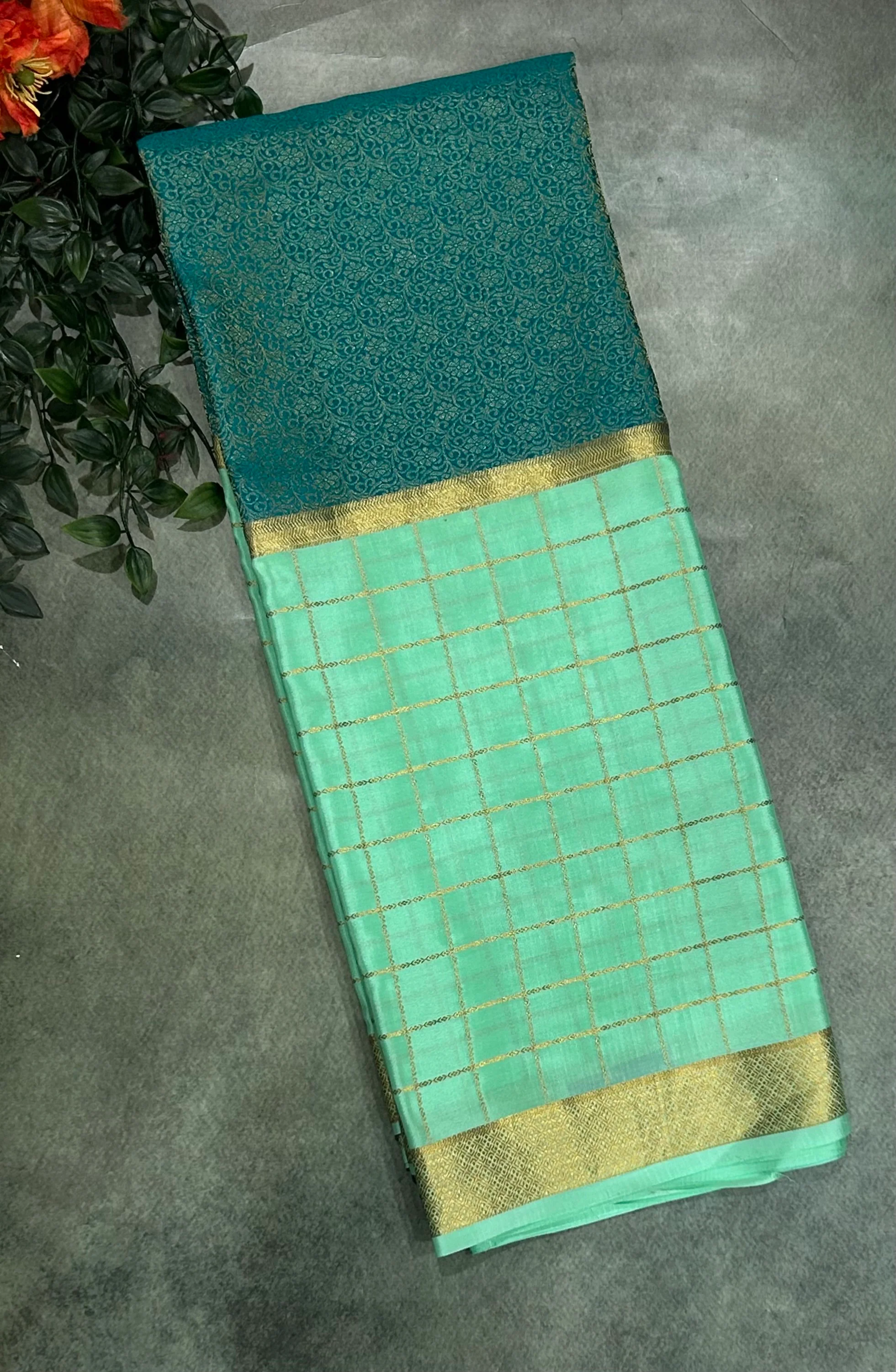 Pastel green n Rama green checks n brocade  pure Mysore crepe silk 103 saree