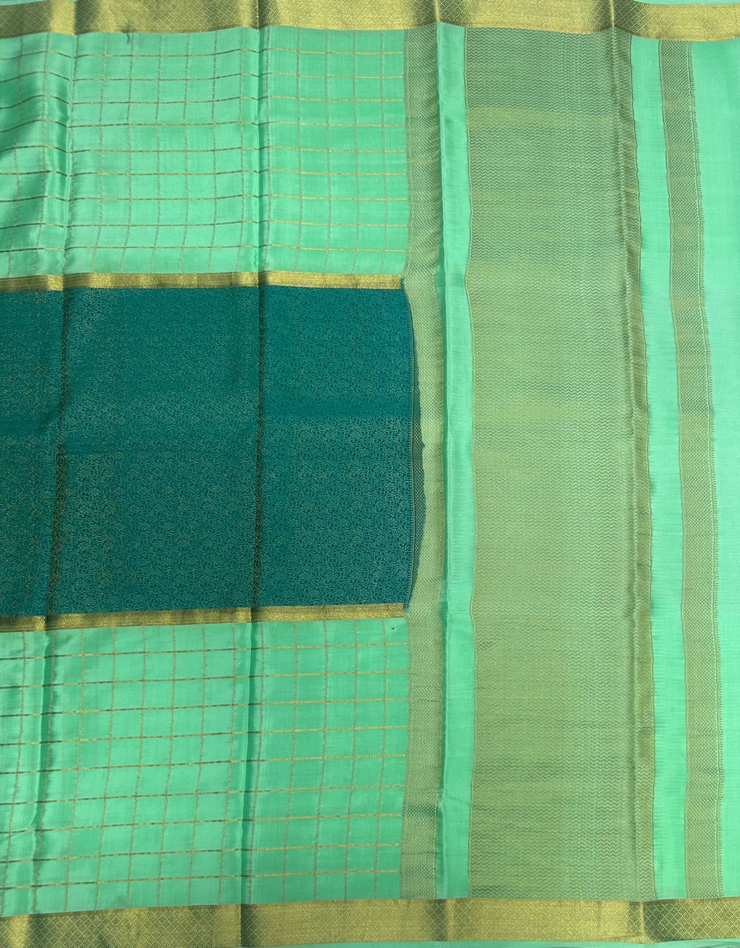 Pastel green n Rama green checks n brocade  pure Mysore crepe silk 103 saree - Image 2