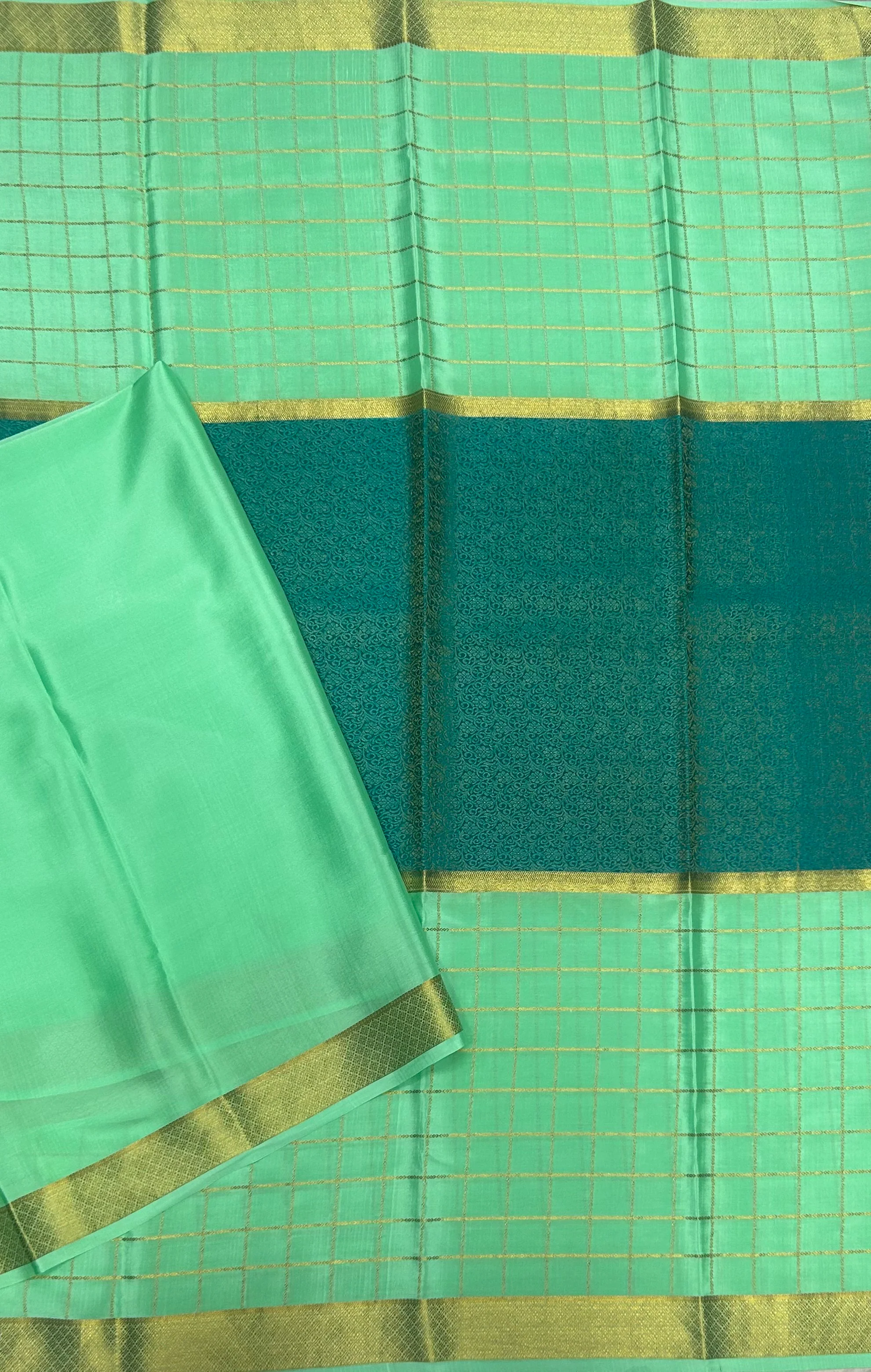 Pastel green n Rama green checks n brocade  pure Mysore crepe silk 103 saree - Image 3