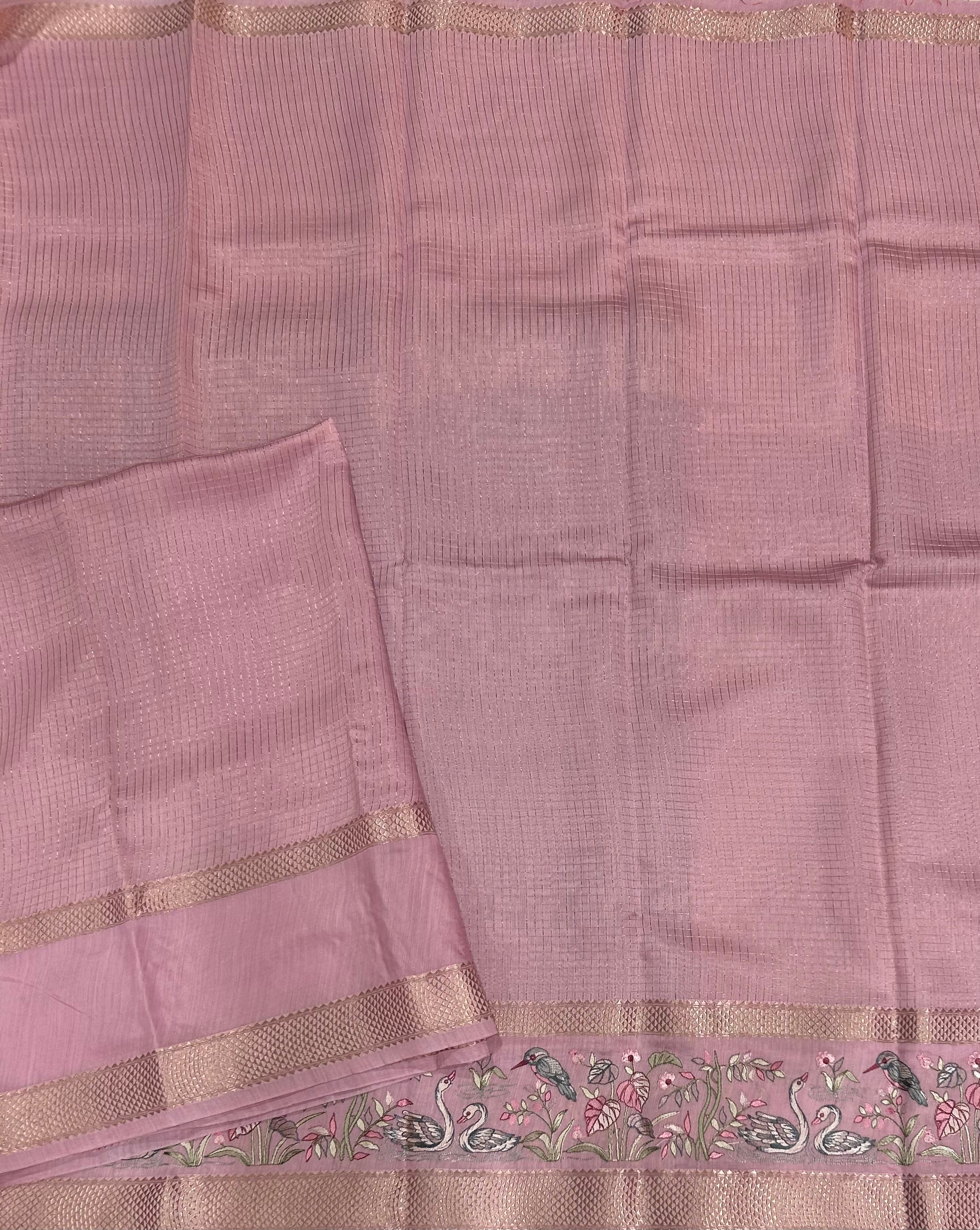 Pastel pink-2 checks embrodiery butta border soft tussar crepe 104 saree - Image 3
