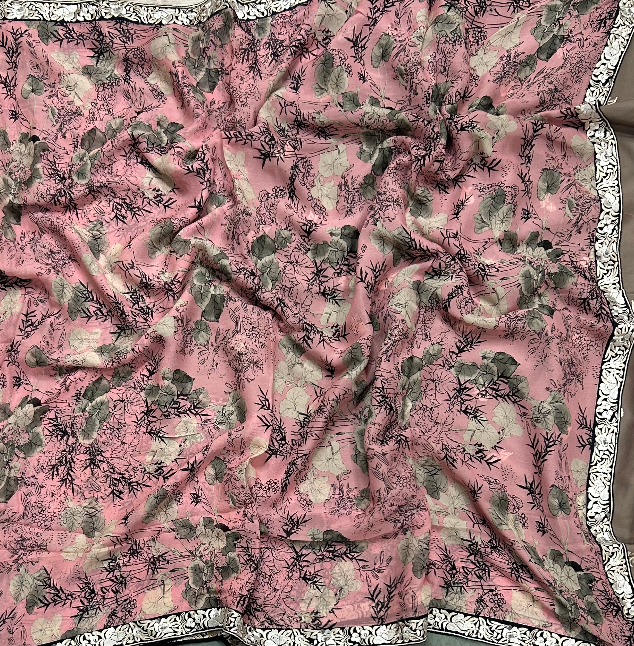 Pastel pink digital printed border 104 chinnon saree - Image 2