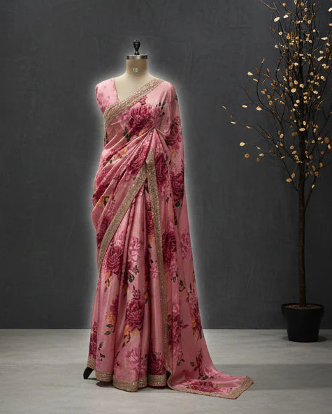 Pastel pink digital printed pure crepe 104 saree